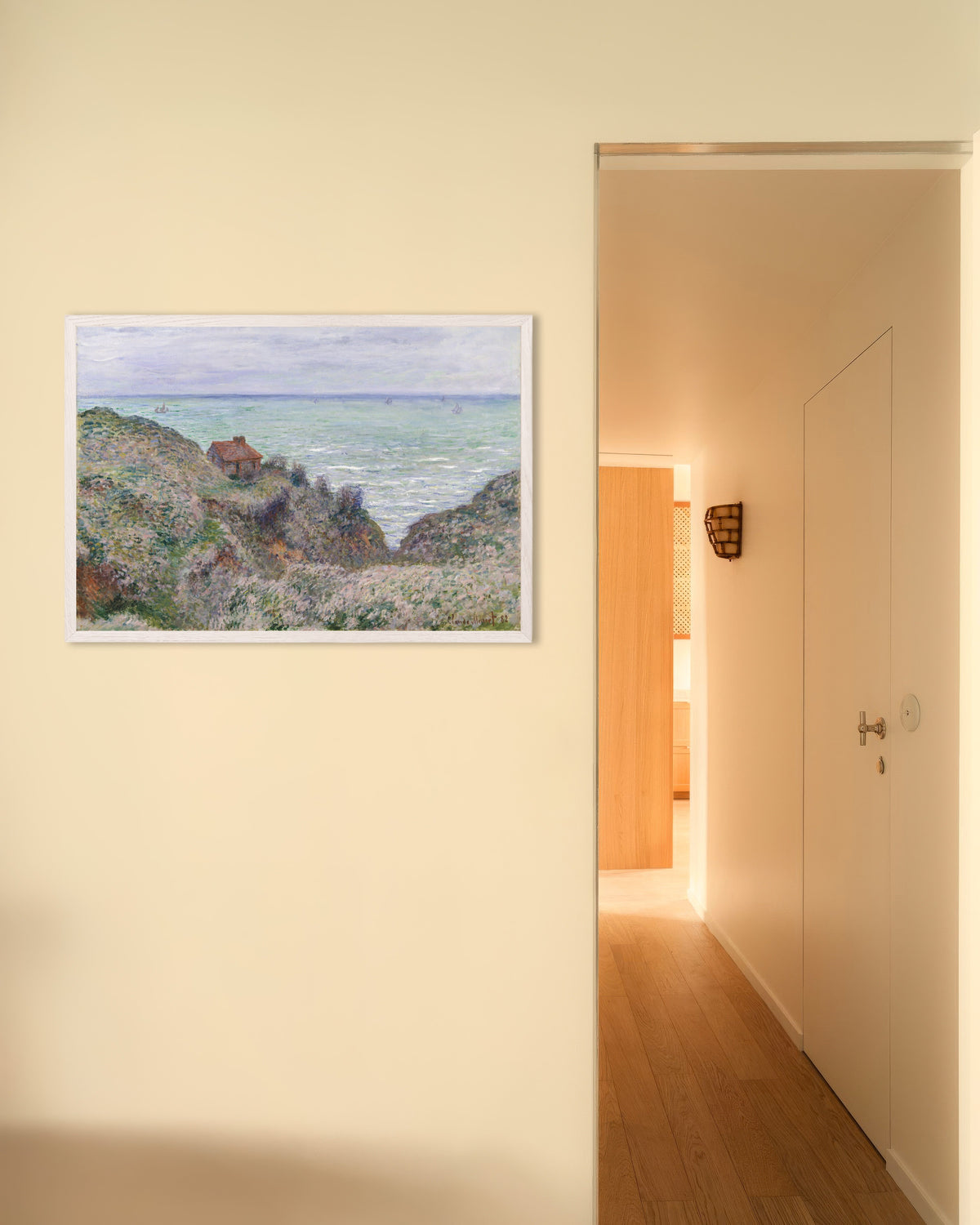 Poster Tullvaktarens stuga (1882) av Claude Monet med vit träram