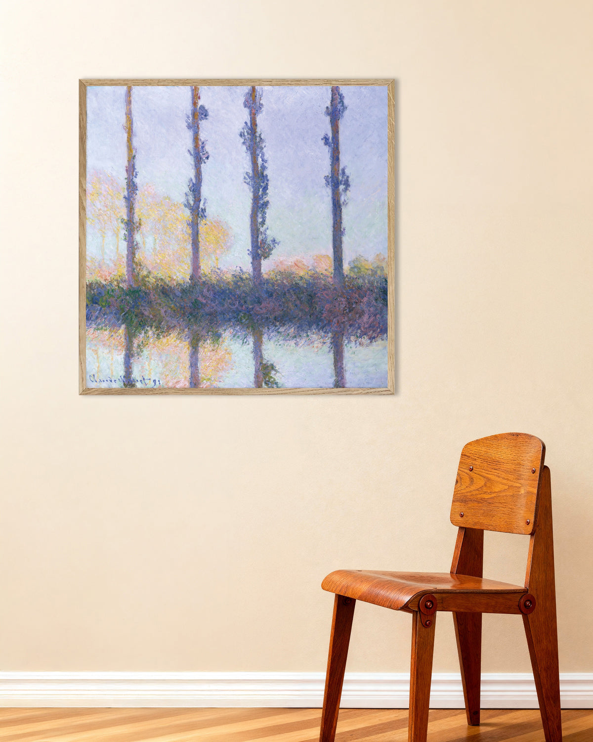 Poster De fyra träden (1891) av Claude Monet med ram i naturträ