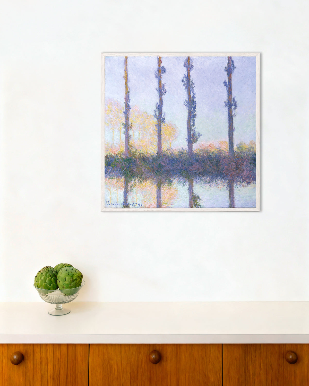 Poster De fyra träden (1891) av Claude Monet med vit träram