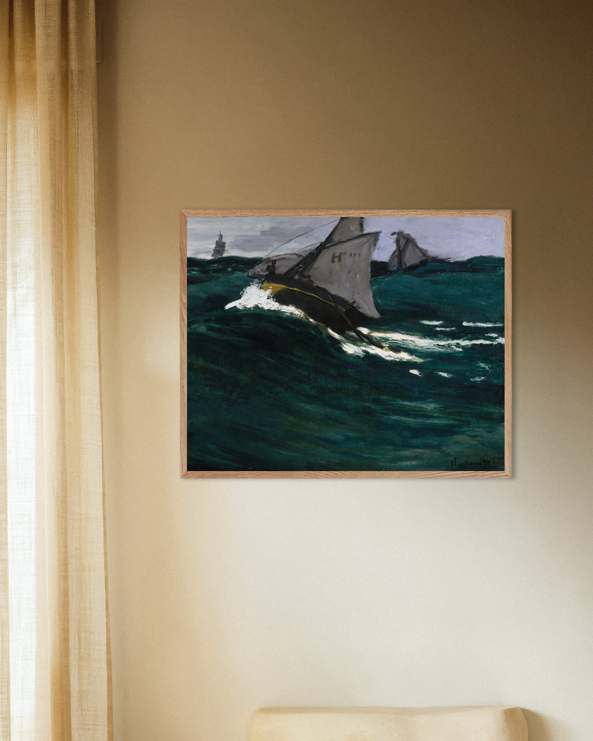 Poster Den gröna vågen (ca 1866–1867) av Claude Monet med ram i naturträ