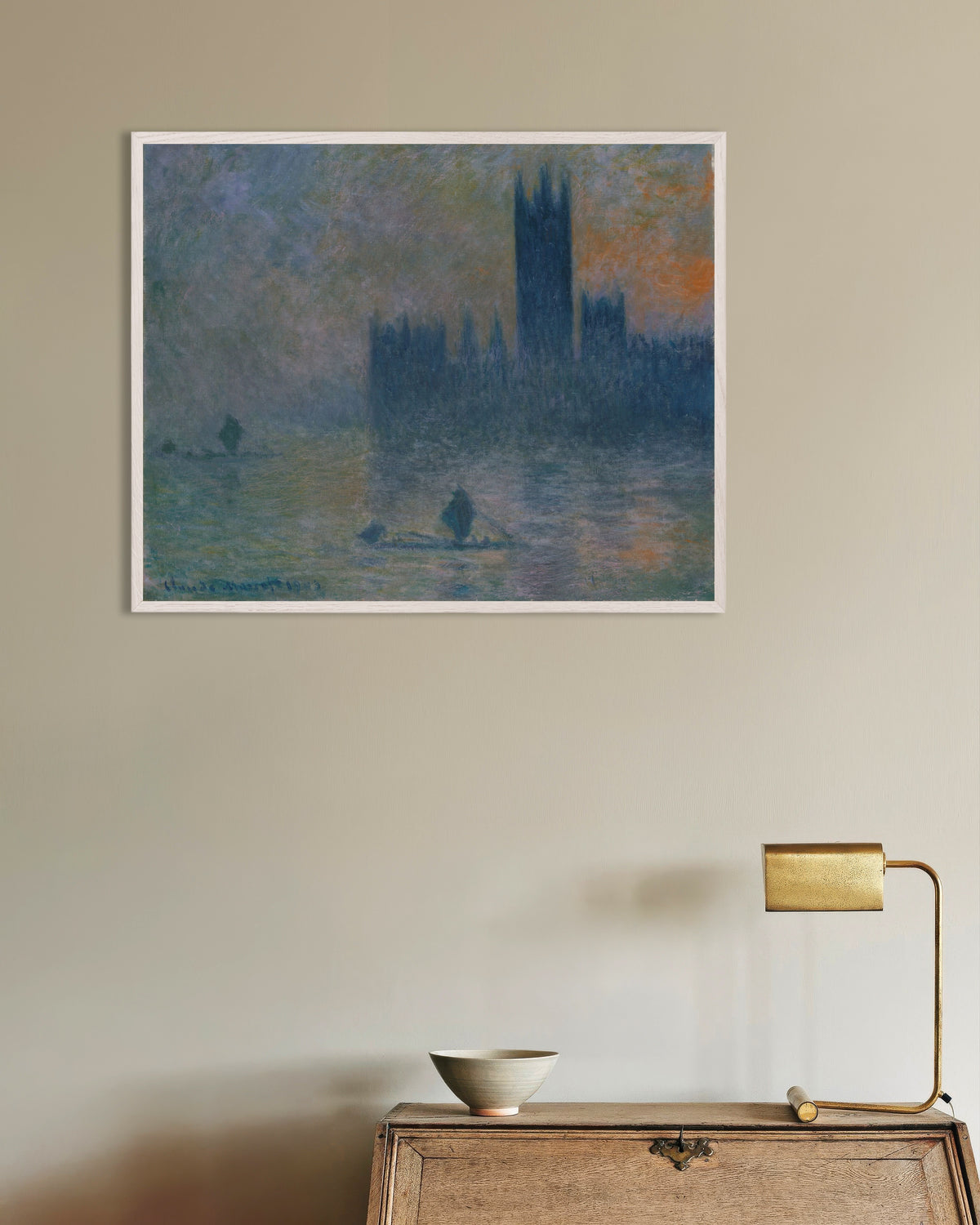 Poster Parlamentet, dimeffekt (1903–1904) av Claude Monet med vit träram
