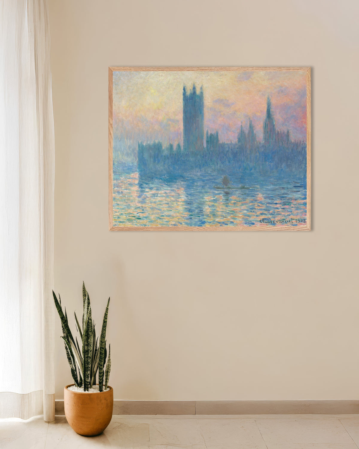 Poster Parlamentet i solnedgång (1903) av Claude Monet med ram i naturträ