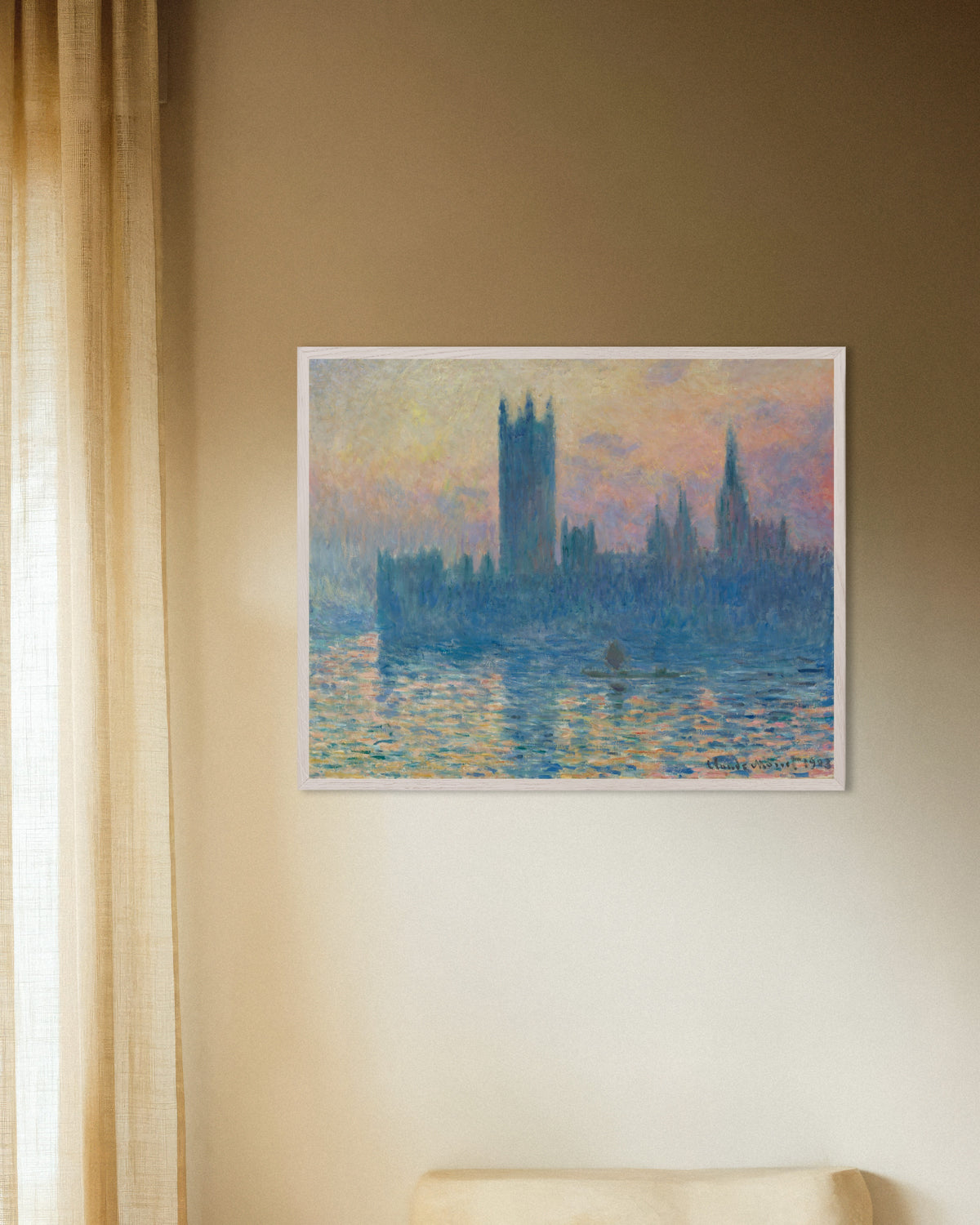Poster Parlamentet i solnedgång (1903) av Claude Monet med vit träram