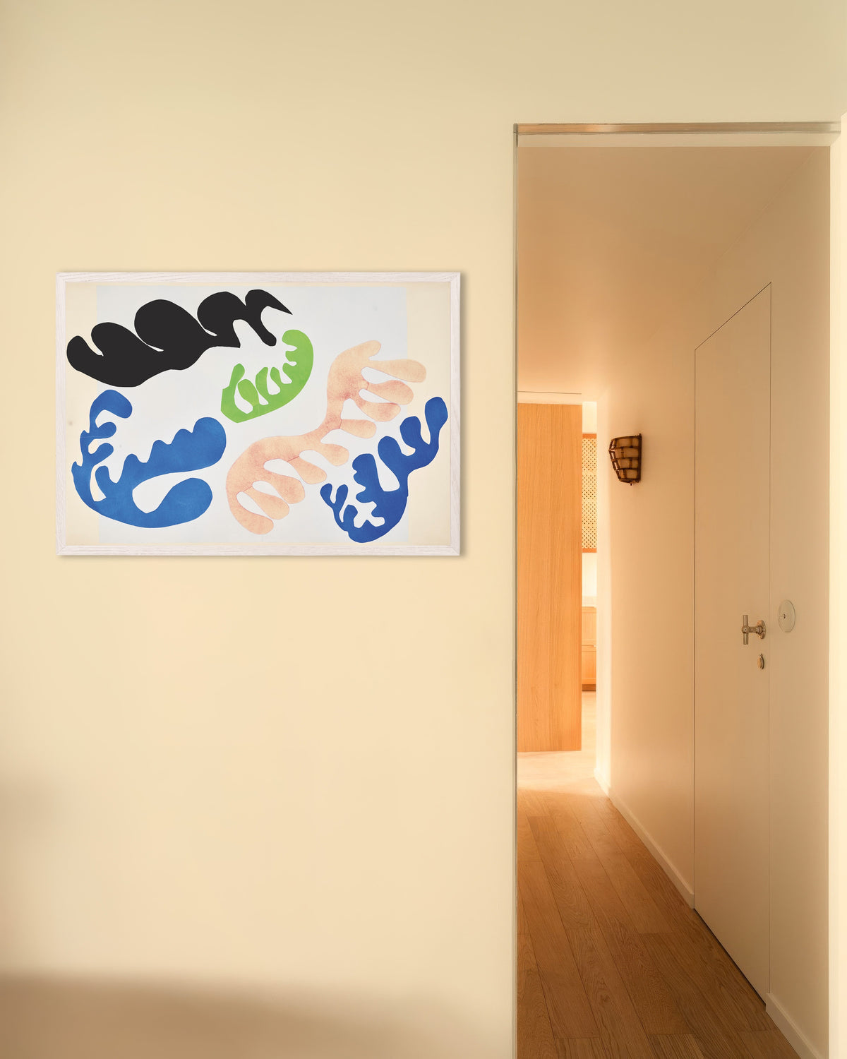Poster av Lagunens blå och korallröda färger (Jazz, 1947) av Henri Matisse, med vit träram
