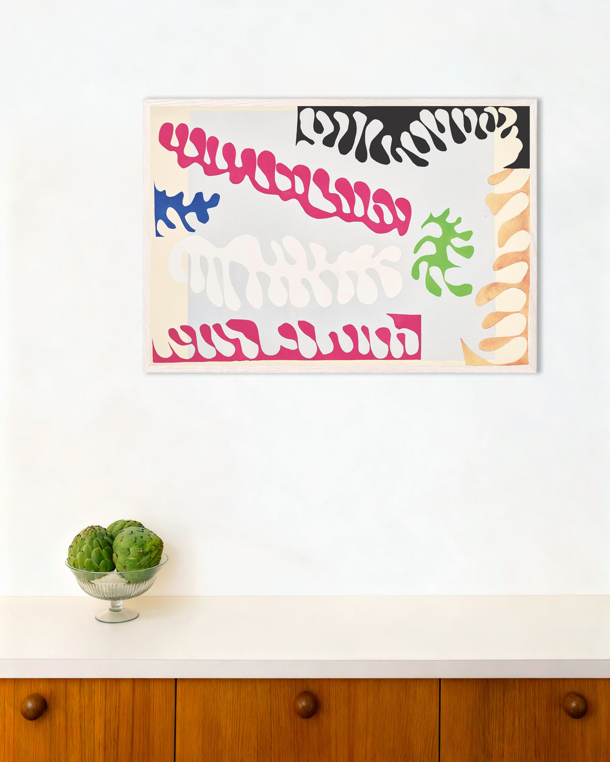 Poster med Lagunen i rosa och vitt (Jazz, 1947) av Henri Matisse, med vit träram