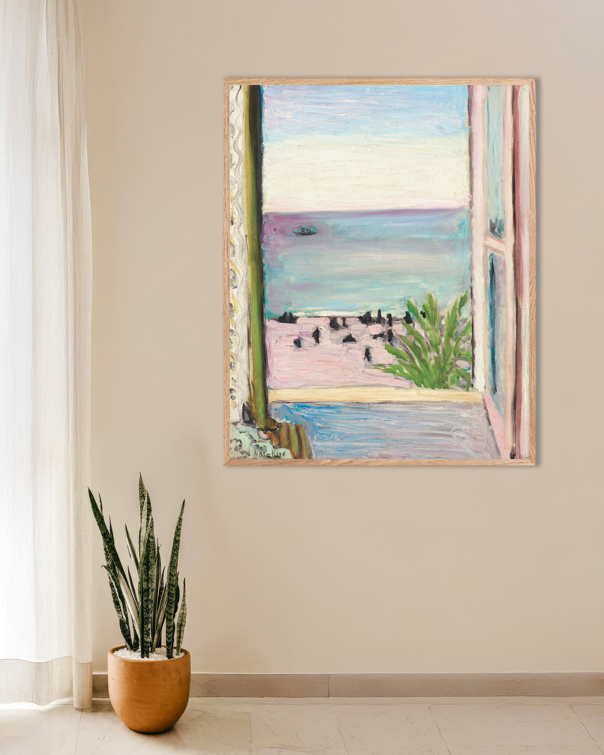 Poster med Det öppna fönstret (1918) av Henri Matisse, med ram i naturträ