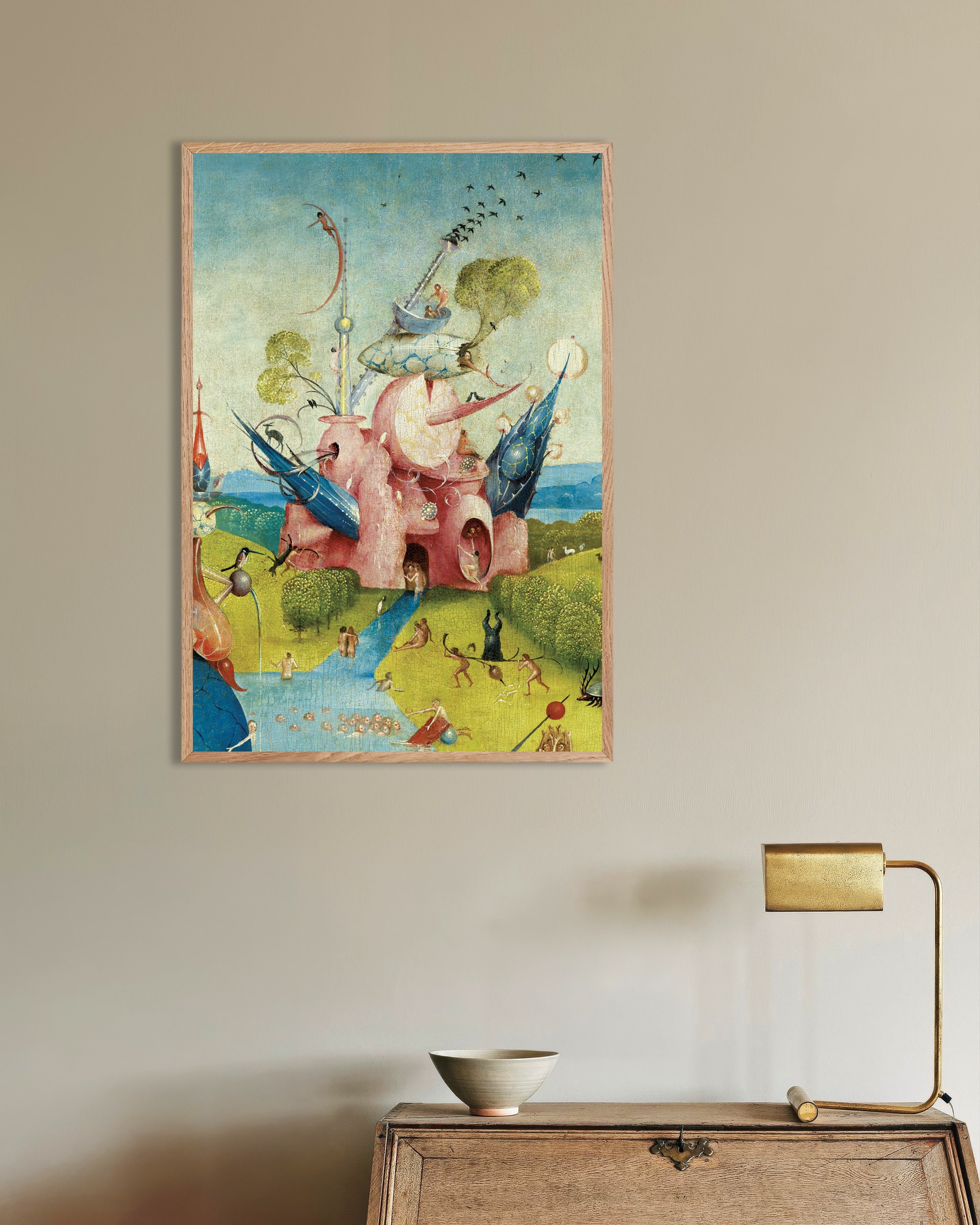 Poster of The pink castle and bird chimney - Detail from The Garden of Earthly Delights, with natural wooden frame
