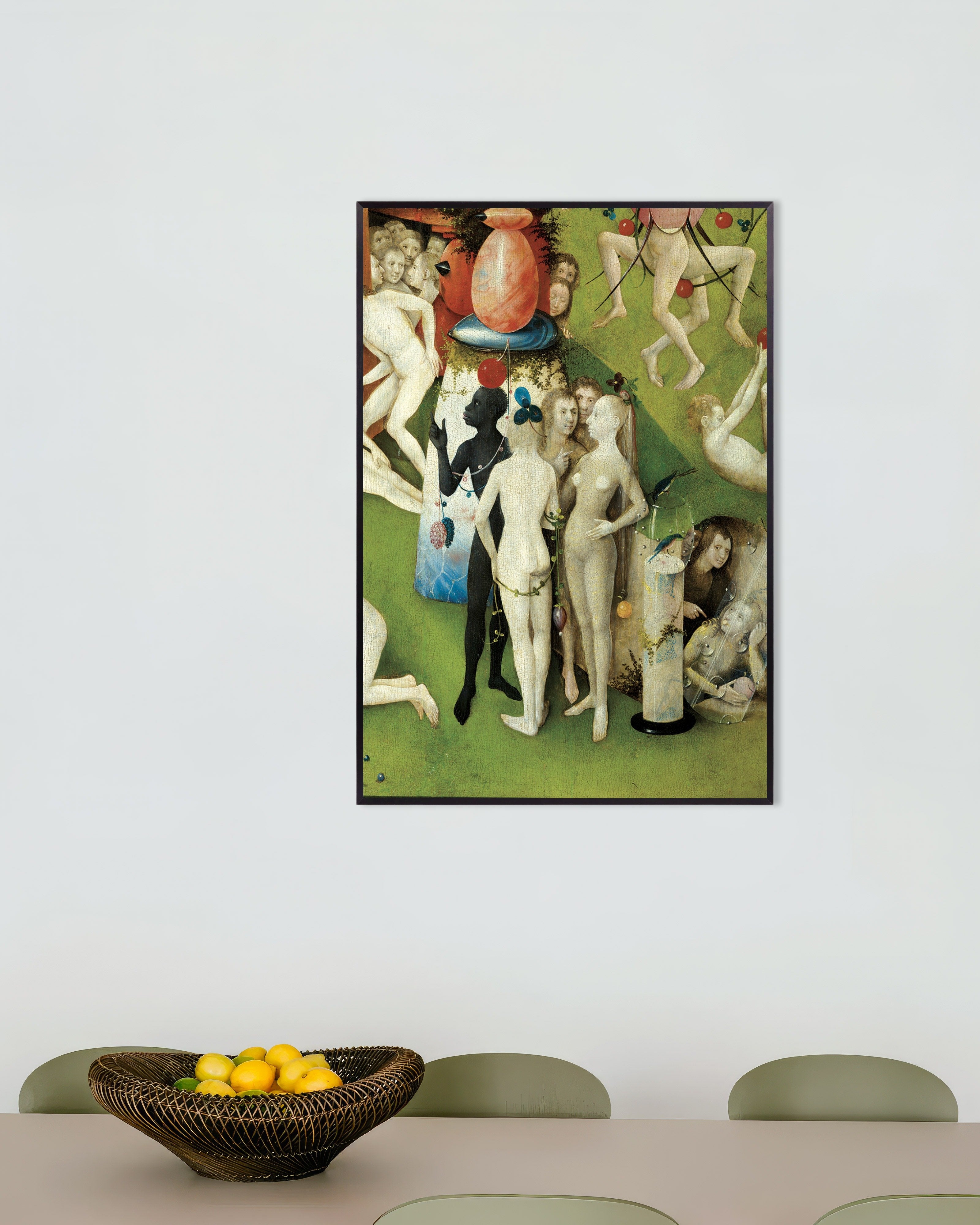 Poster of The pointing figure and glass tube - Detail from The Garden of Earthly Delights, with metal frame