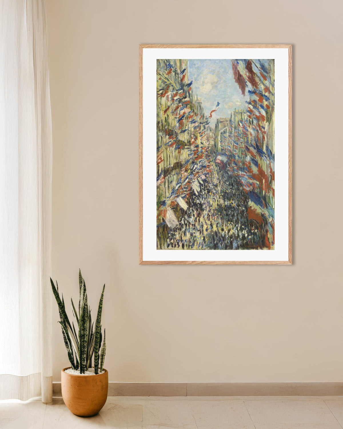 Poster Rue Montorgueil i Paris, festen den 30 juni 1878 av Claude Monet med ram i naturträ