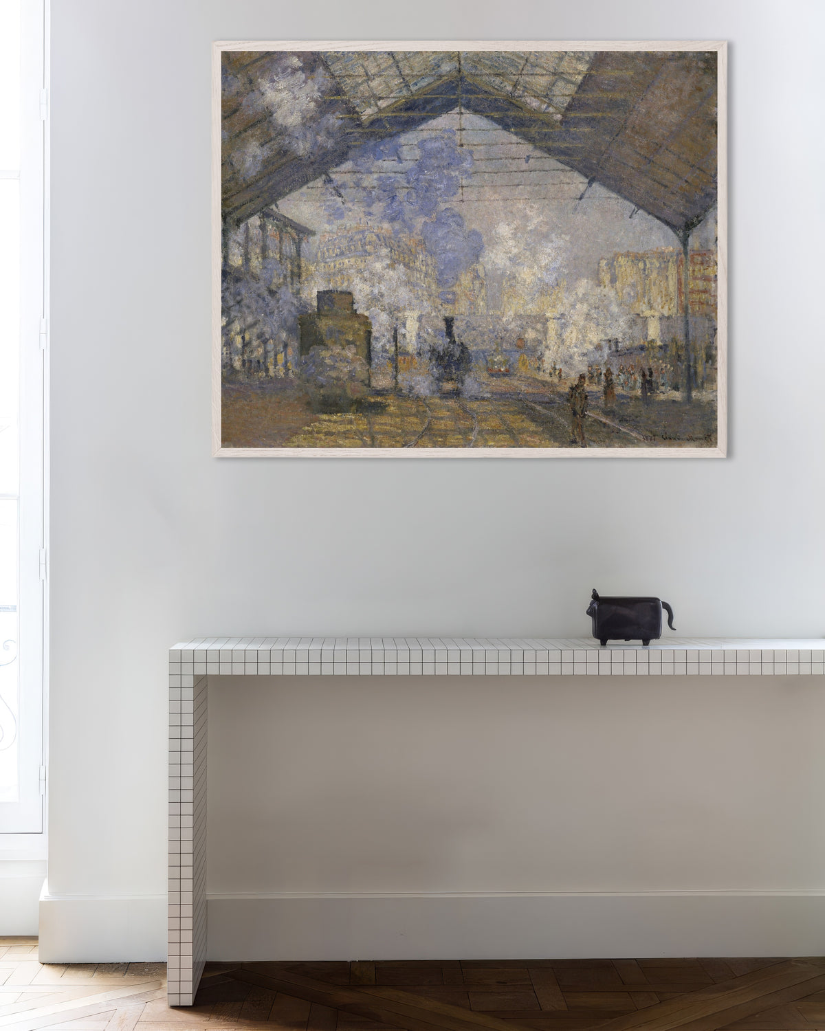 Poster Gare Saint-Lazare (1877) av Claude Monet med vit träram
