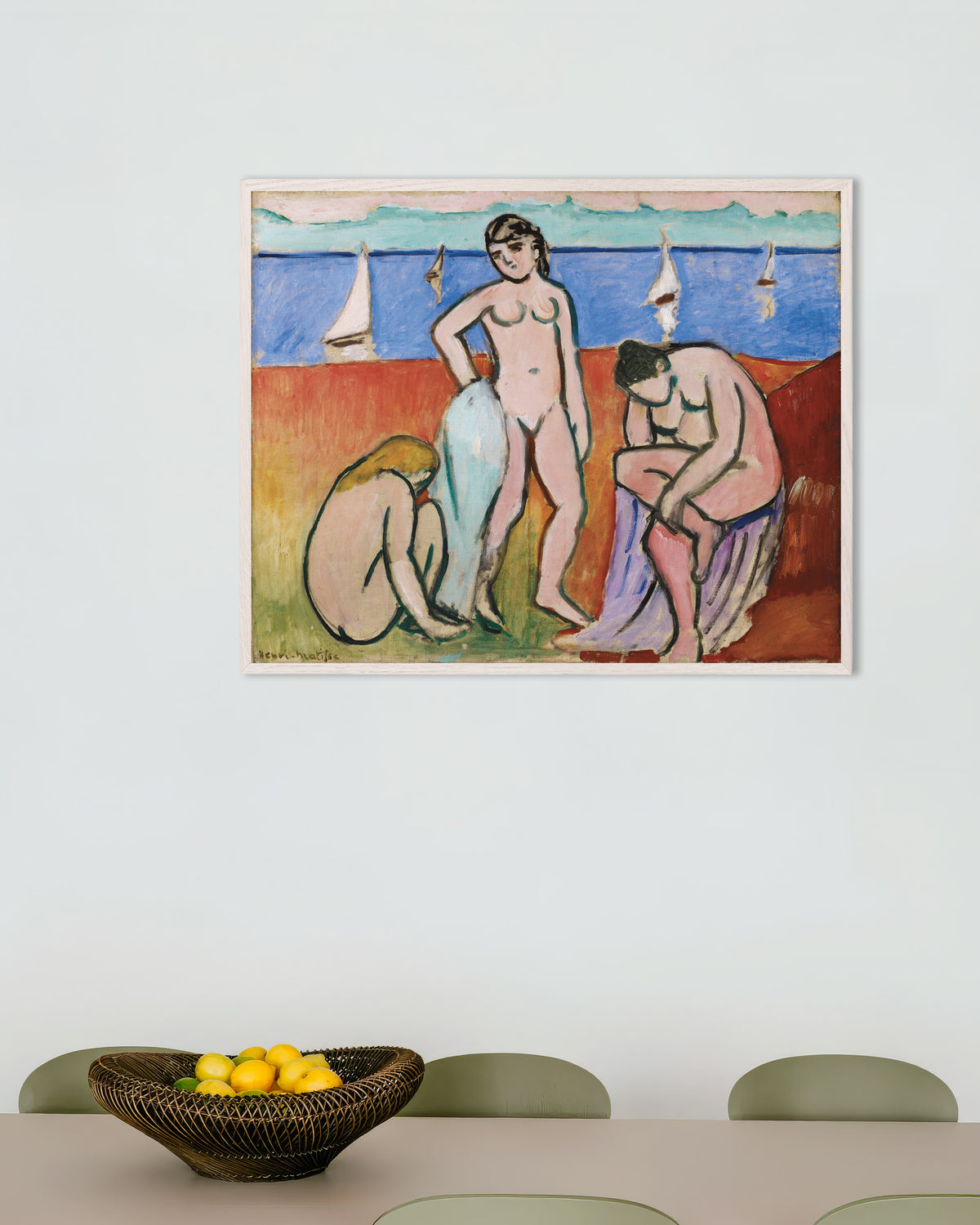 Poster av Tre badande (1907) av Henri Matisse, med vit träram