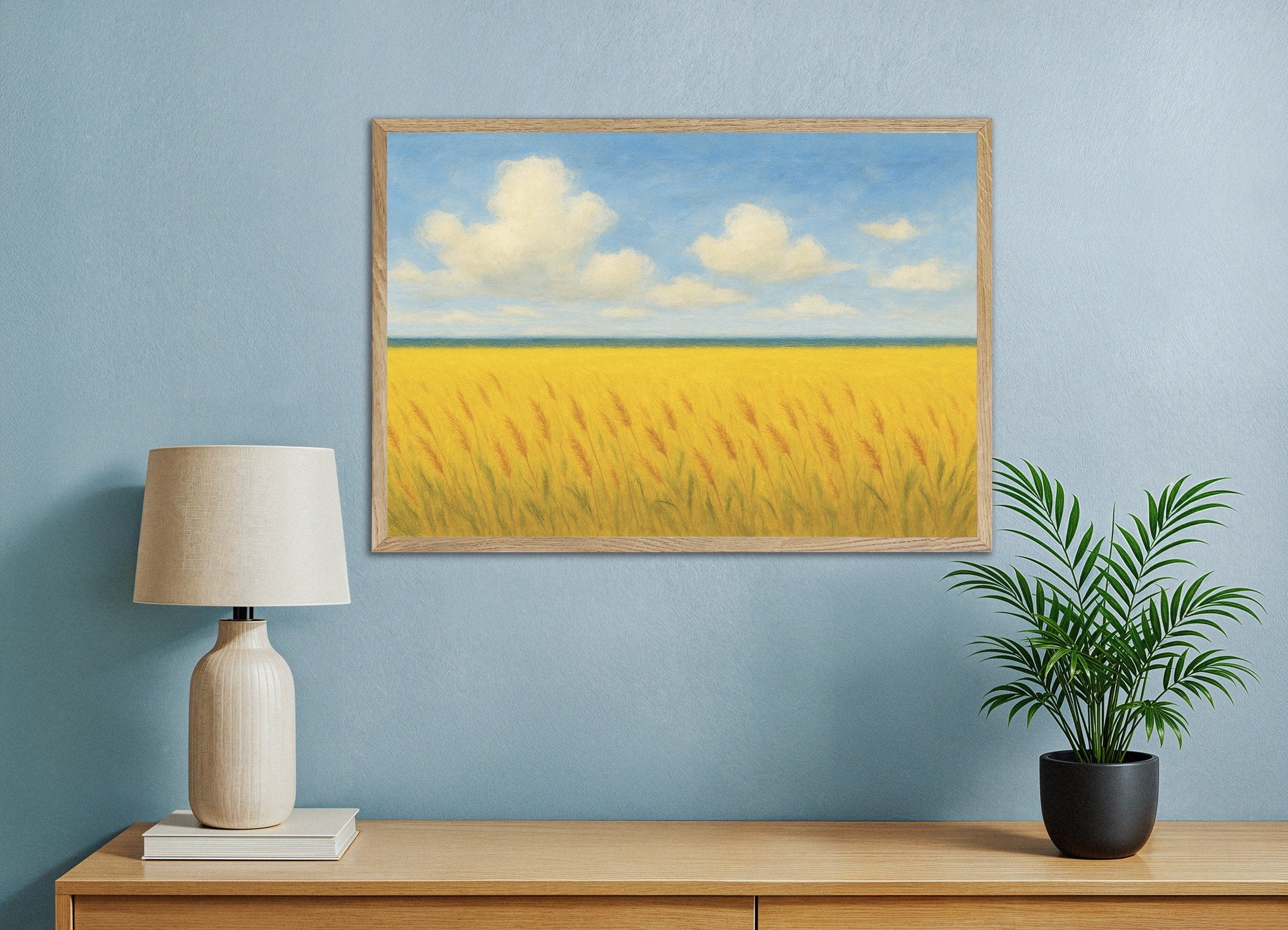Poster of Ukraine poster -  Wheat field and blue sky, with natural wooden frame