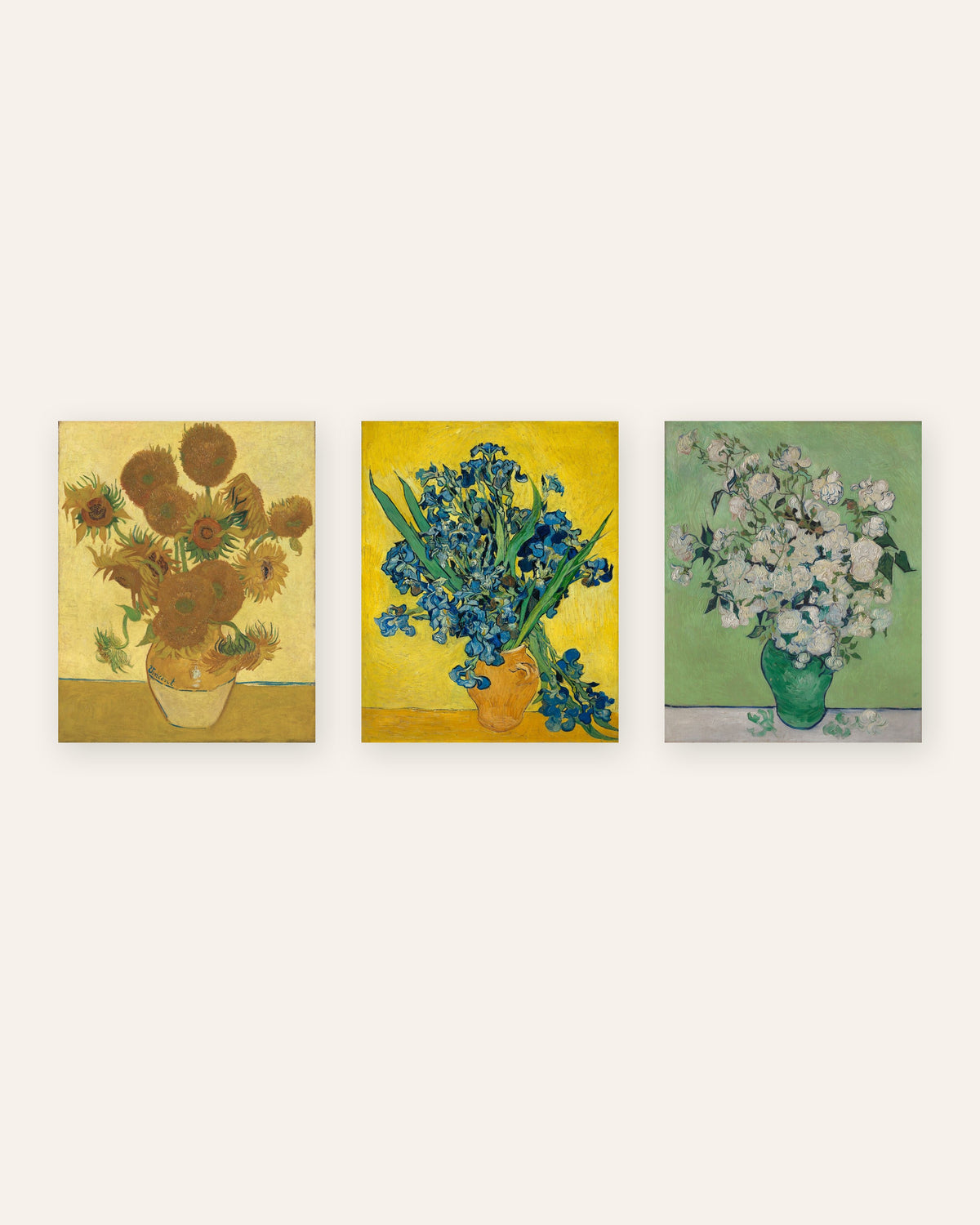 Van Gogh-posters med blommor, set med 3: Solrosor, Irisar och Rosor, utan ram