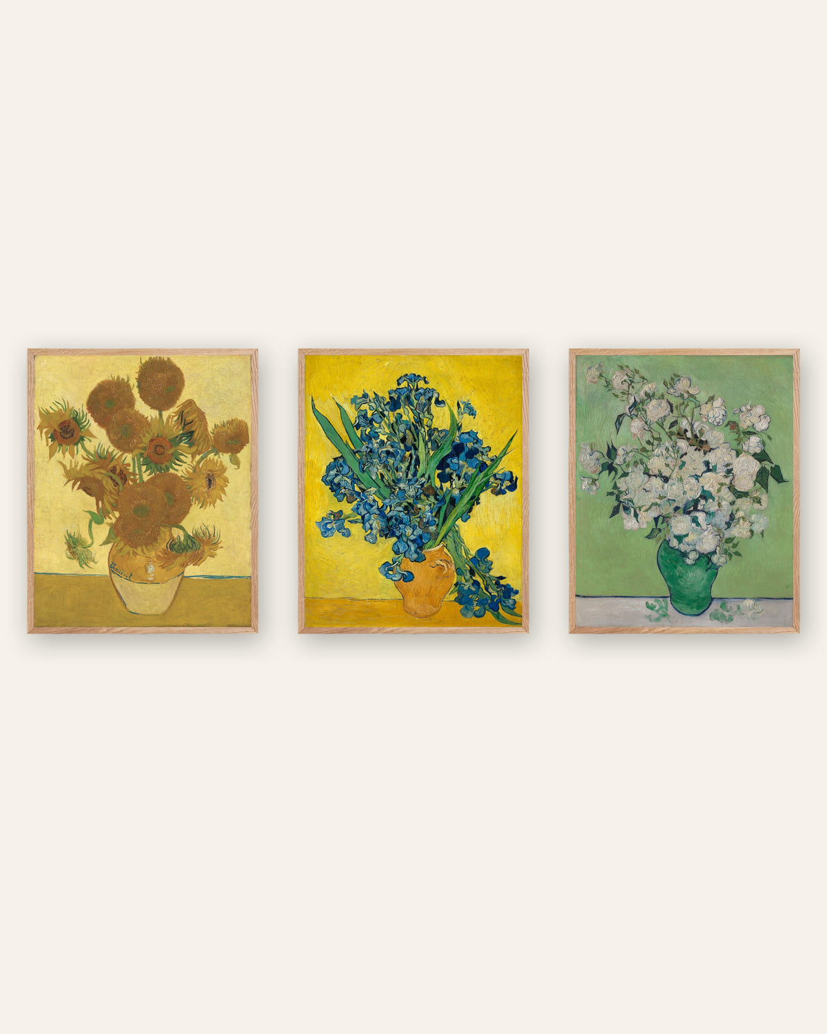 Van Gogh-posters med blommor, set med 3: Solrosor, Irisar och Rosor, i ramar av naturek