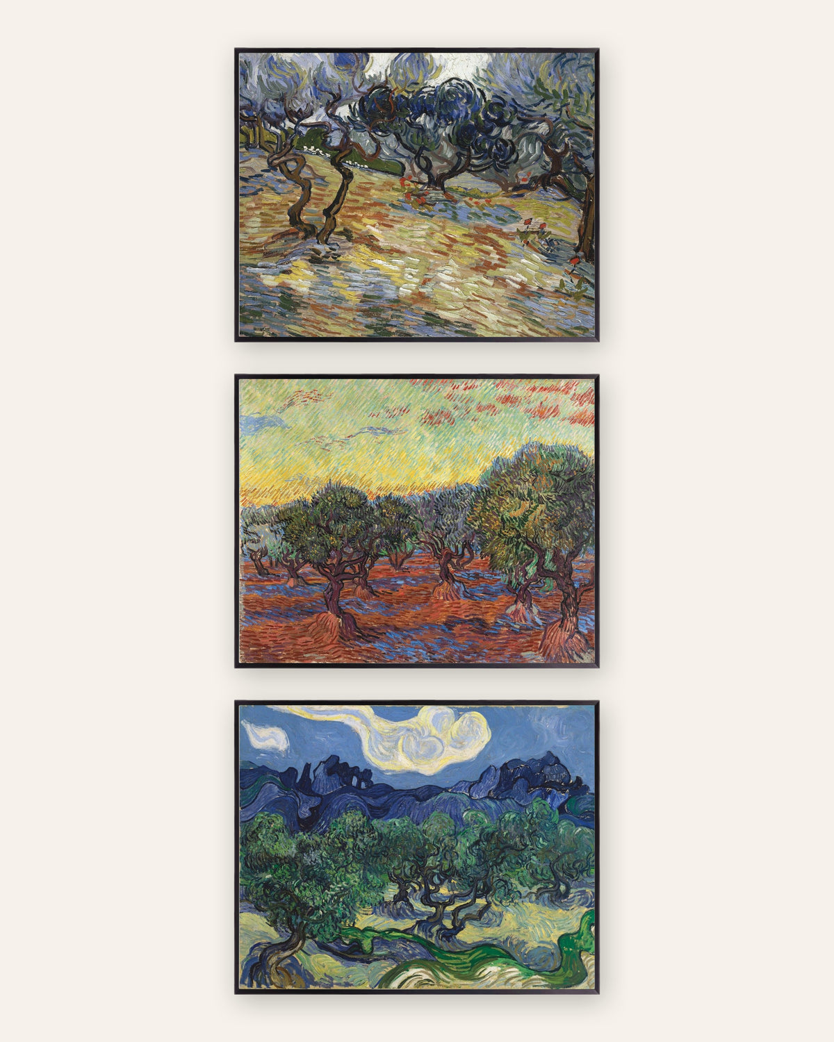 Van Gogh-posters med olivträd, set med 3: olivlundarna i Saint-Rémy, i svarta metallramar