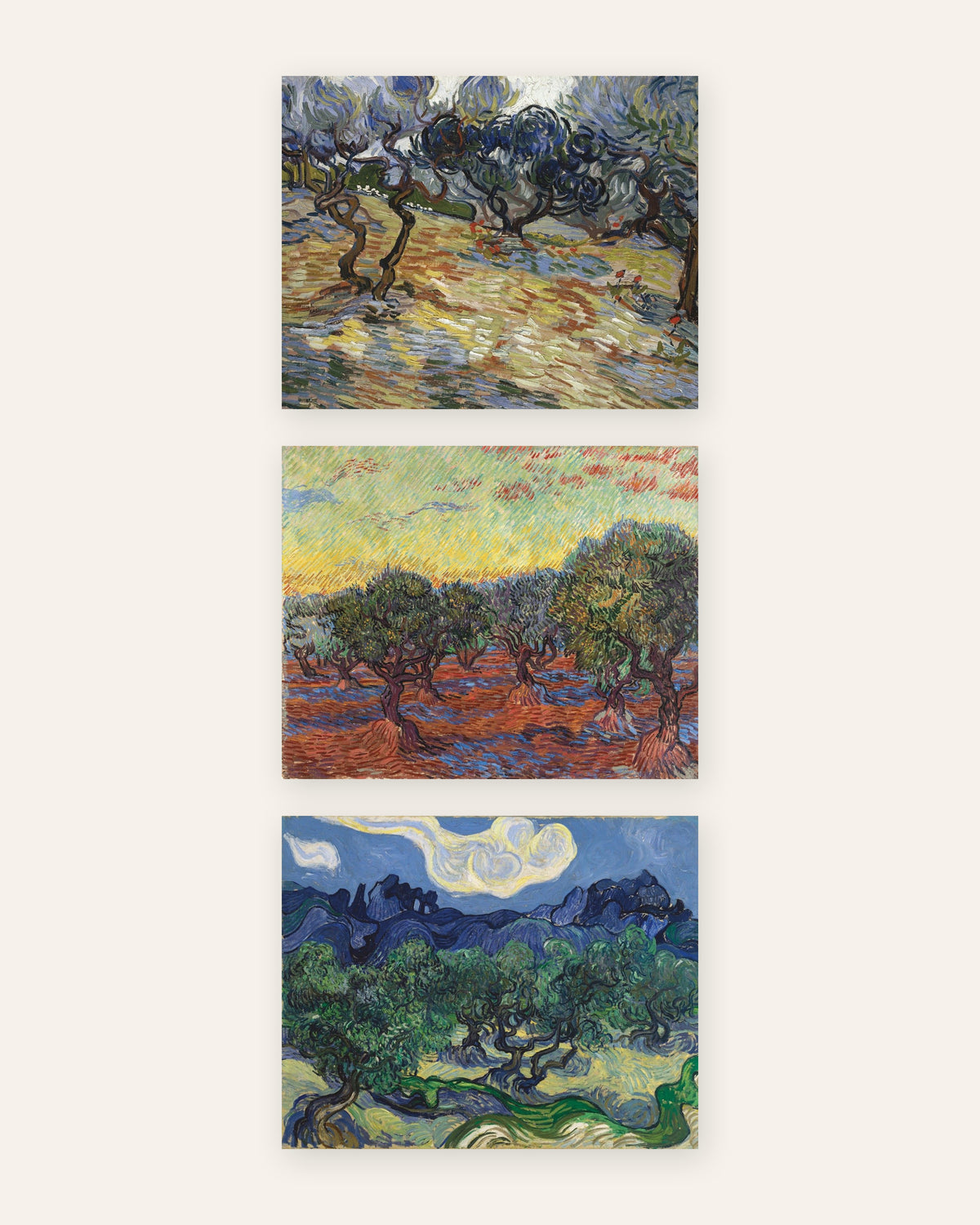 Van Gogh-posters med olivträd, set med 3: olivlundarna i Saint-Rémy, utan ram