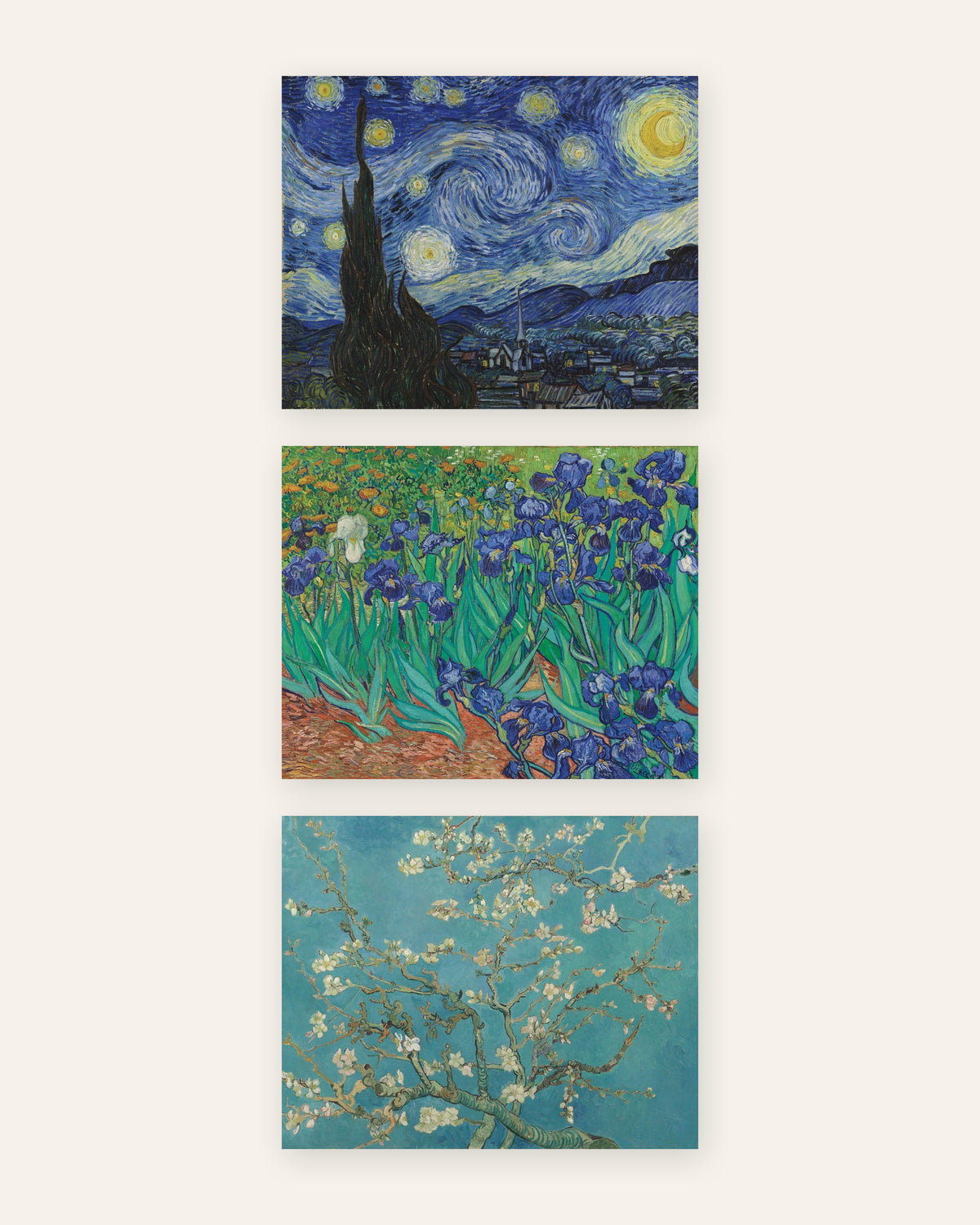 Van Gogh-posters, set med 3: Stjärnenatten, Irisar och Mandelblom, utan ram