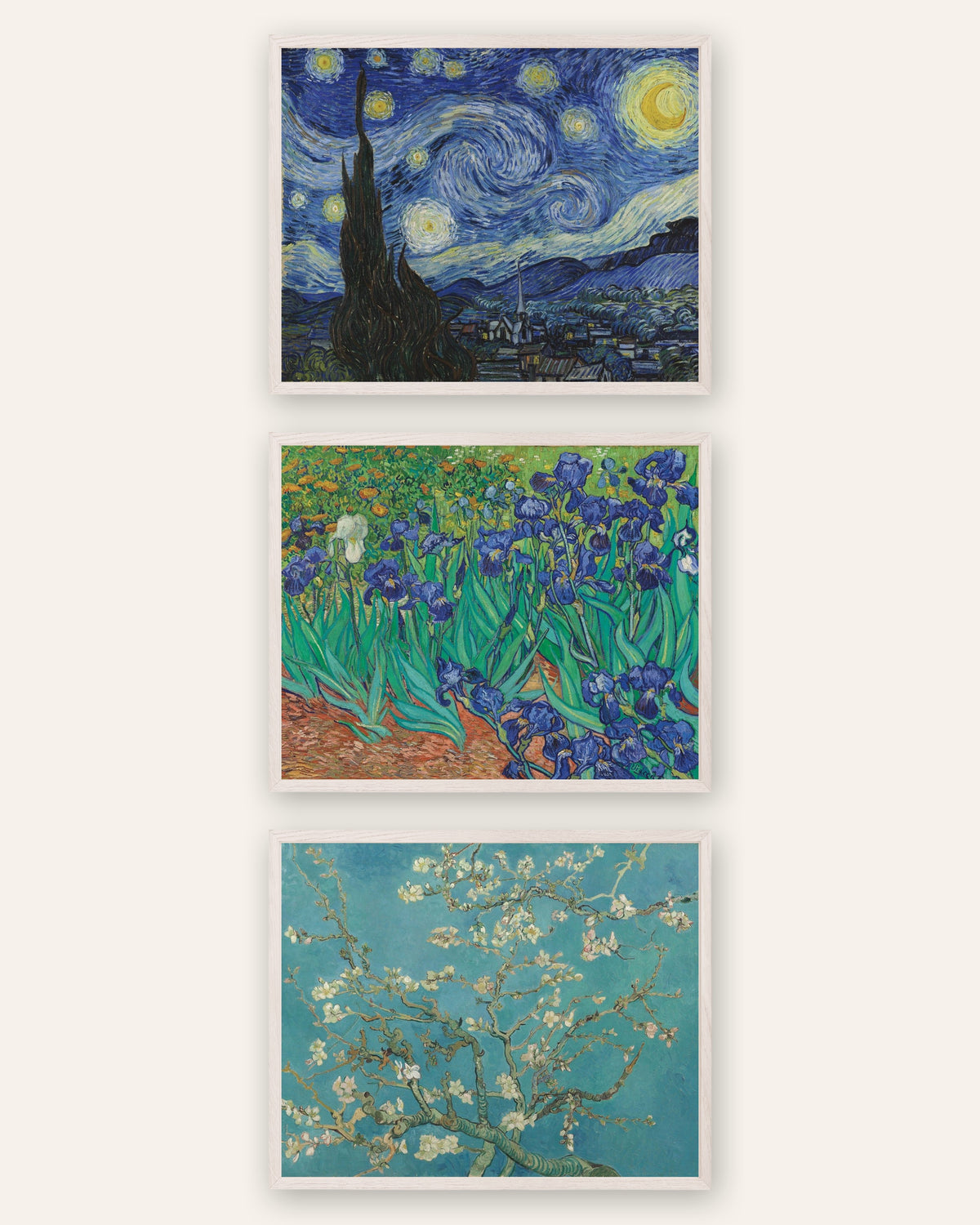 Van Gogh-posters, set med 3: Stjärnenatten, Irisar och Mandelblom, i vita ekramar
