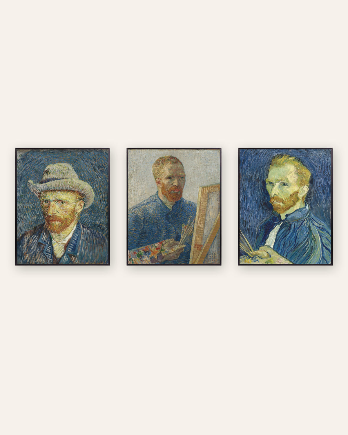 Van Gogh-posters med självporträtt, set med 3: från Paris till Saint-Rémy, i svarta metallramar