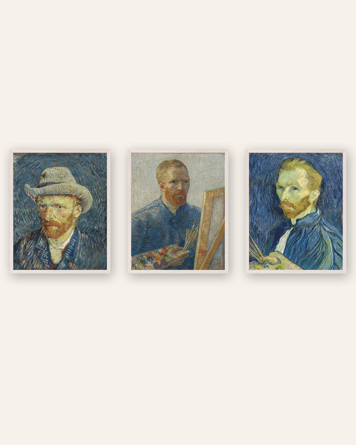 Van Gogh-posters med självporträtt, set med 3: från Paris till Saint-Rémy, i vita ekramar