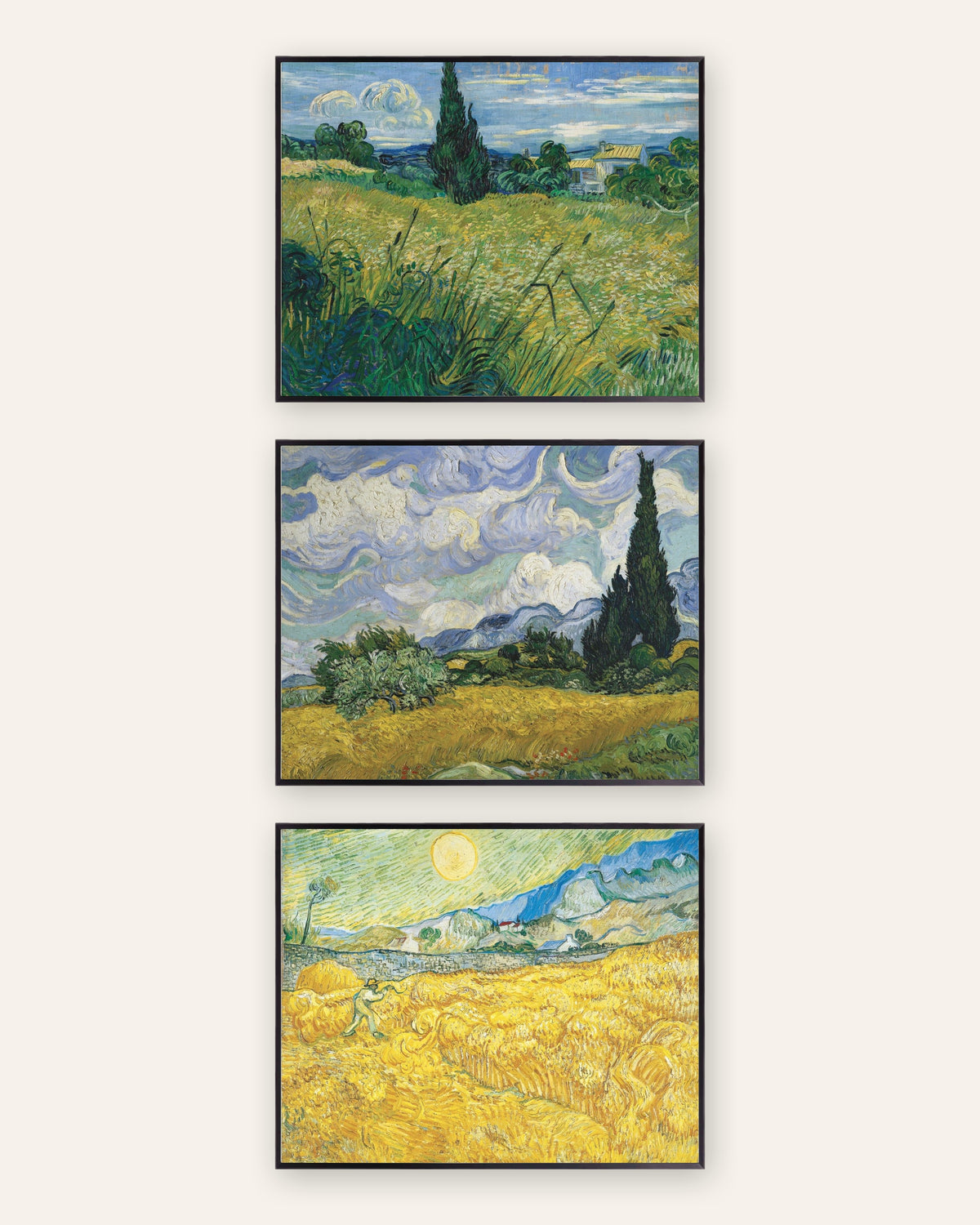 Van Gogh-posters med vetefält, set med 3: cypresser och skörd, i svarta metallramar