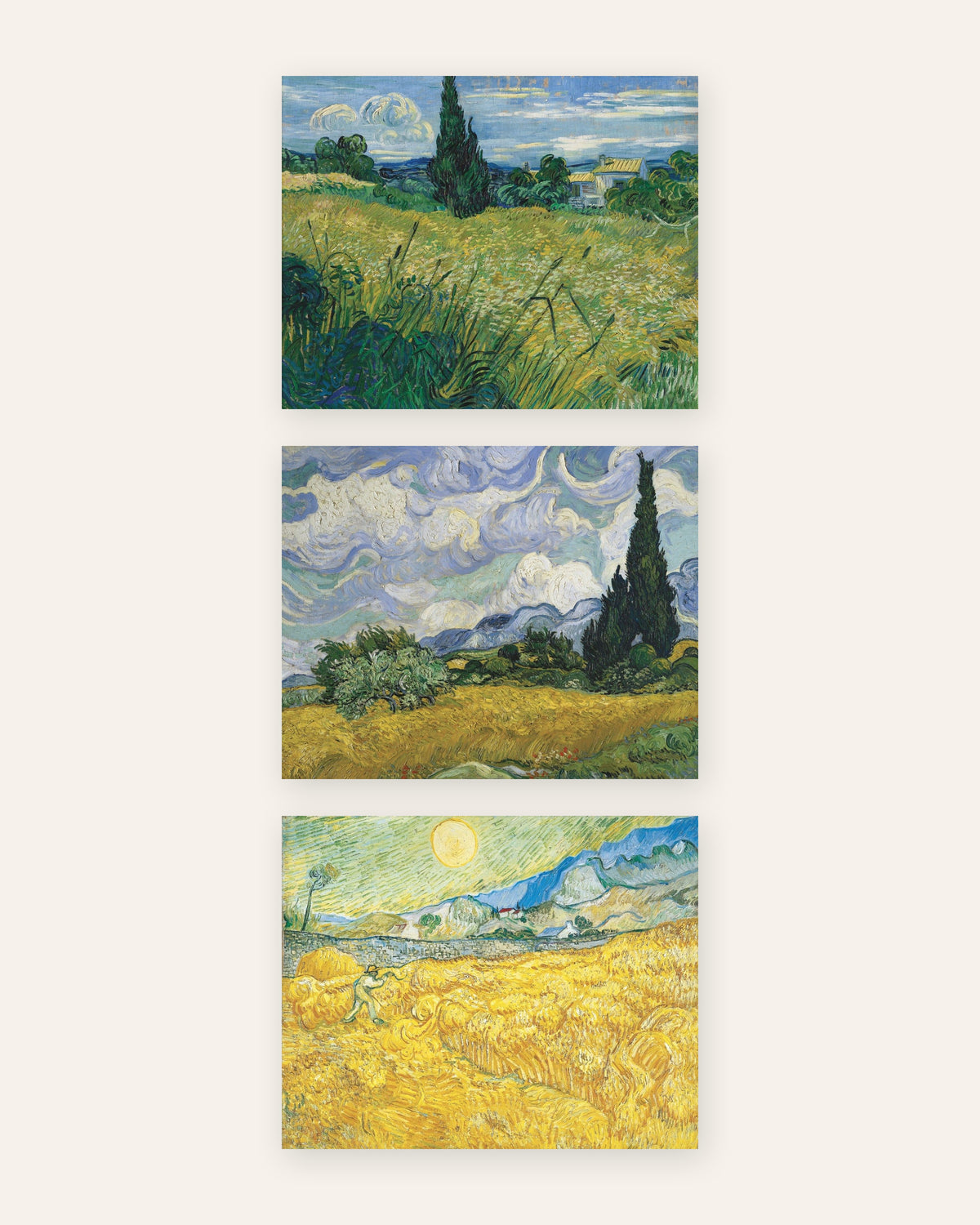 Van Gogh-posters med vetefält, set med 3: cypresser och skörd, utan ram