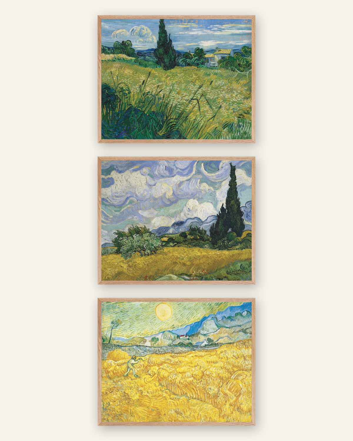 Van Gogh-posters med vetefält, set med 3: cypresser och skörd, i ramar av naturek