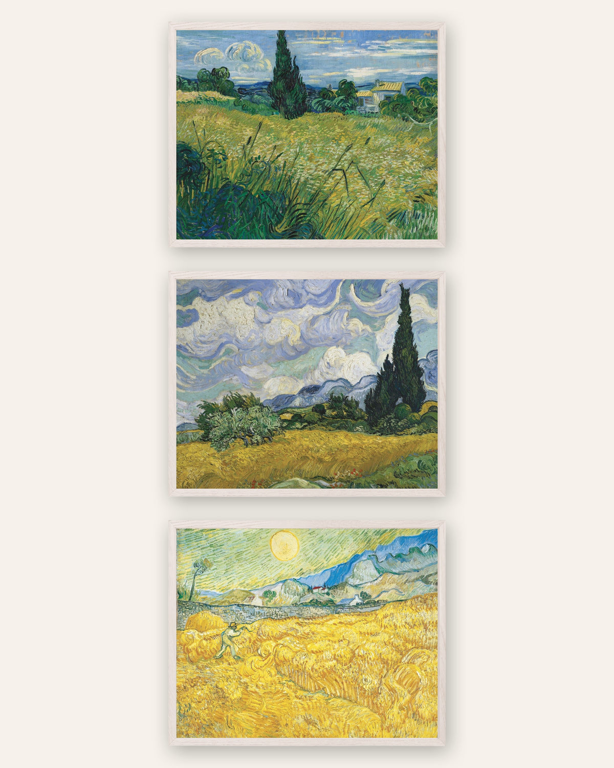 Van Gogh-posters med vetefält, set med 3: cypresser och skörd, i vita ekramar