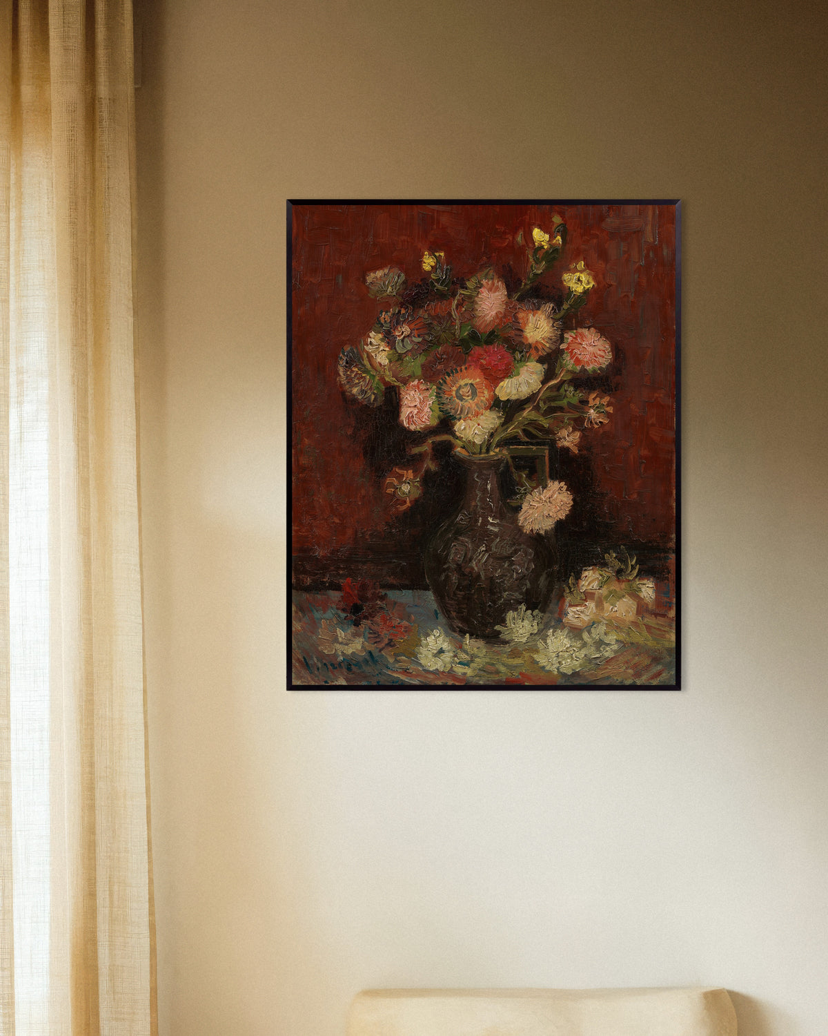 Poster av Vas med kinesiska astrar och gladiolus (1886) av Vincent van Gogh, med metallram