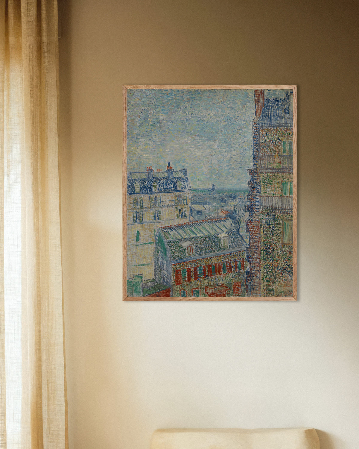 Poster med Utsikt från Theos lägenhet (1887) av Vincent van Gogh, med ram av naturträ