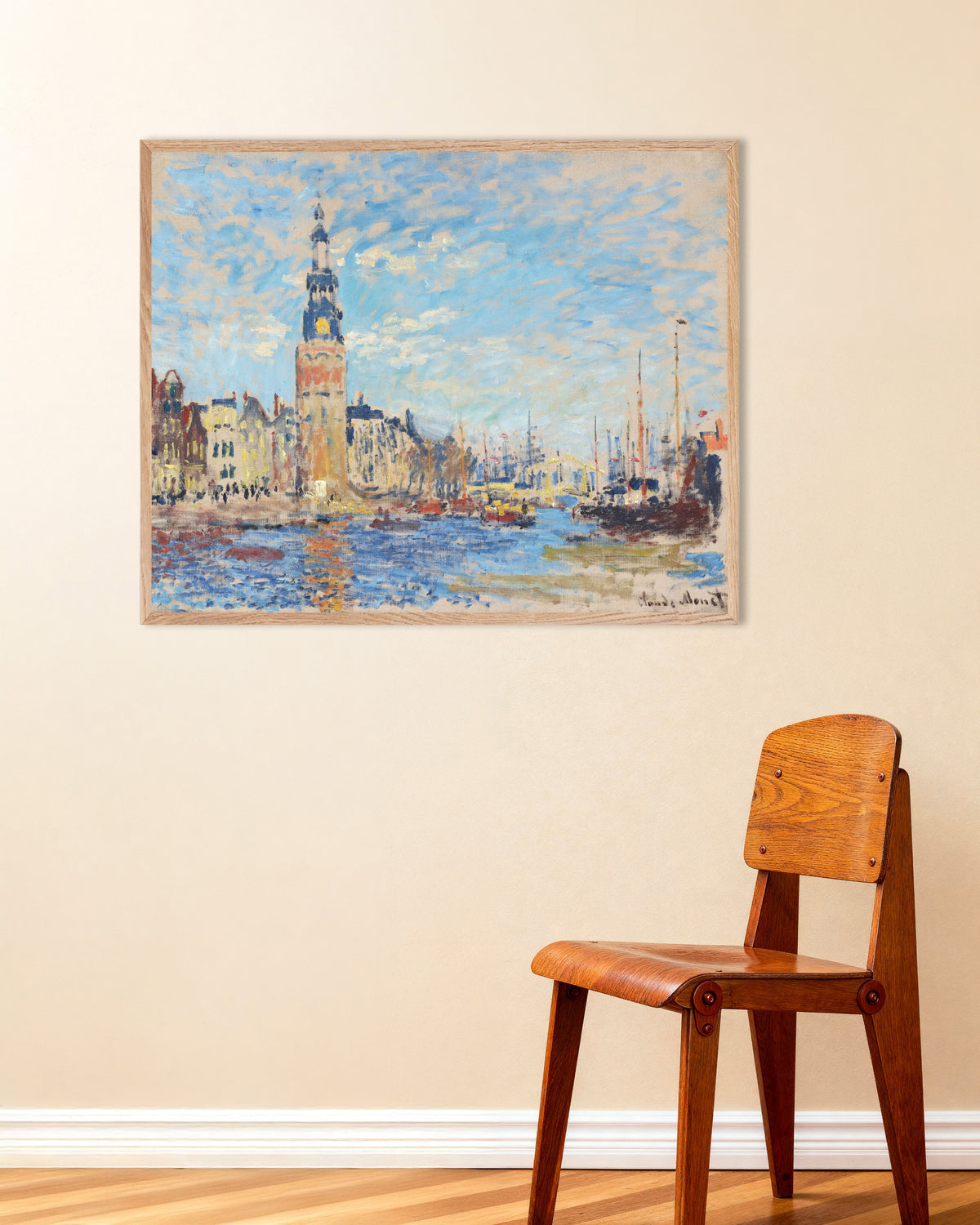 Poster Utsikt mot Montelbaanstoren, Amsterdam (1874) av Claude Monet med ram i naturträ