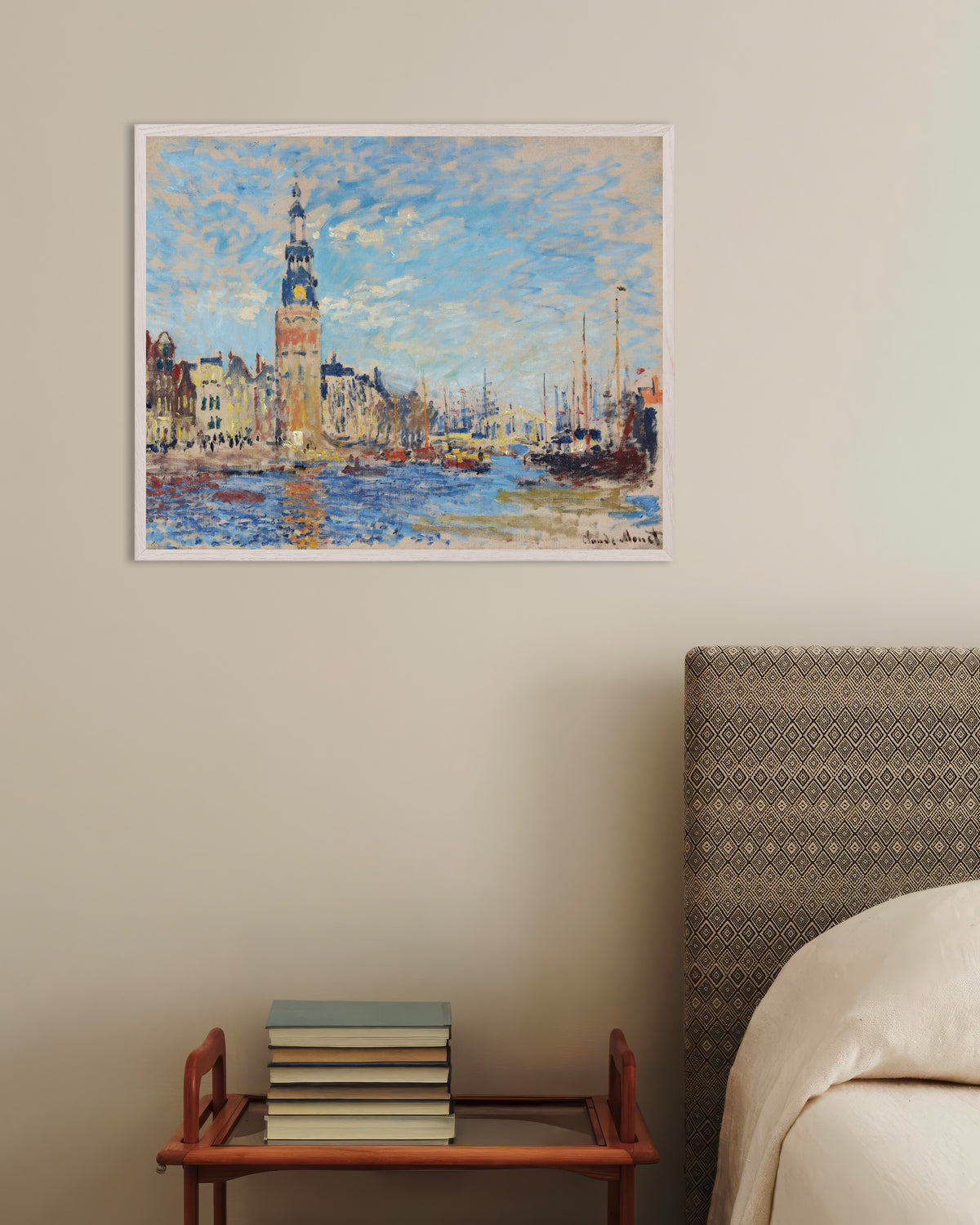 Poster Utsikt mot Montelbaanstoren, Amsterdam (1874) av Claude Monet med vit träram
