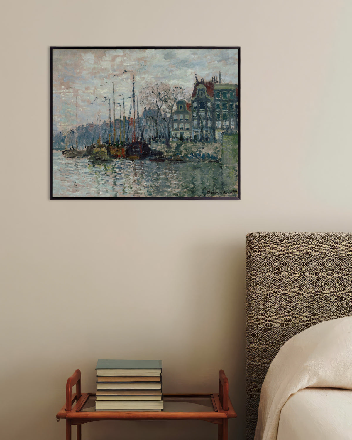 Poster Utsikt över Prins Hendrikkade och Kromme Waal i Amsterdam (1874) av Claude Monet med metallram