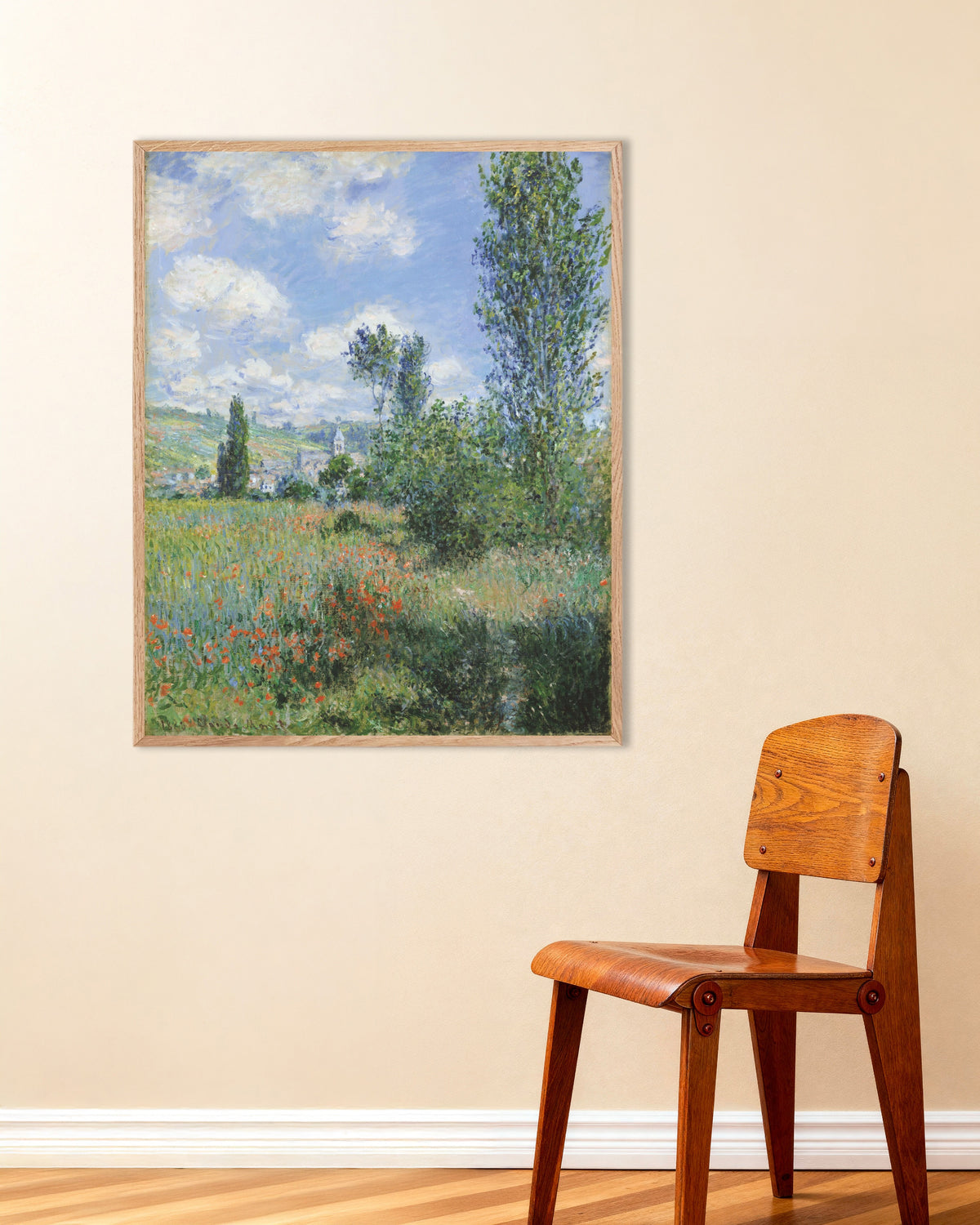 Poster Utsikt över Vétheuil (1880) av Claude Monet med ram i naturträ