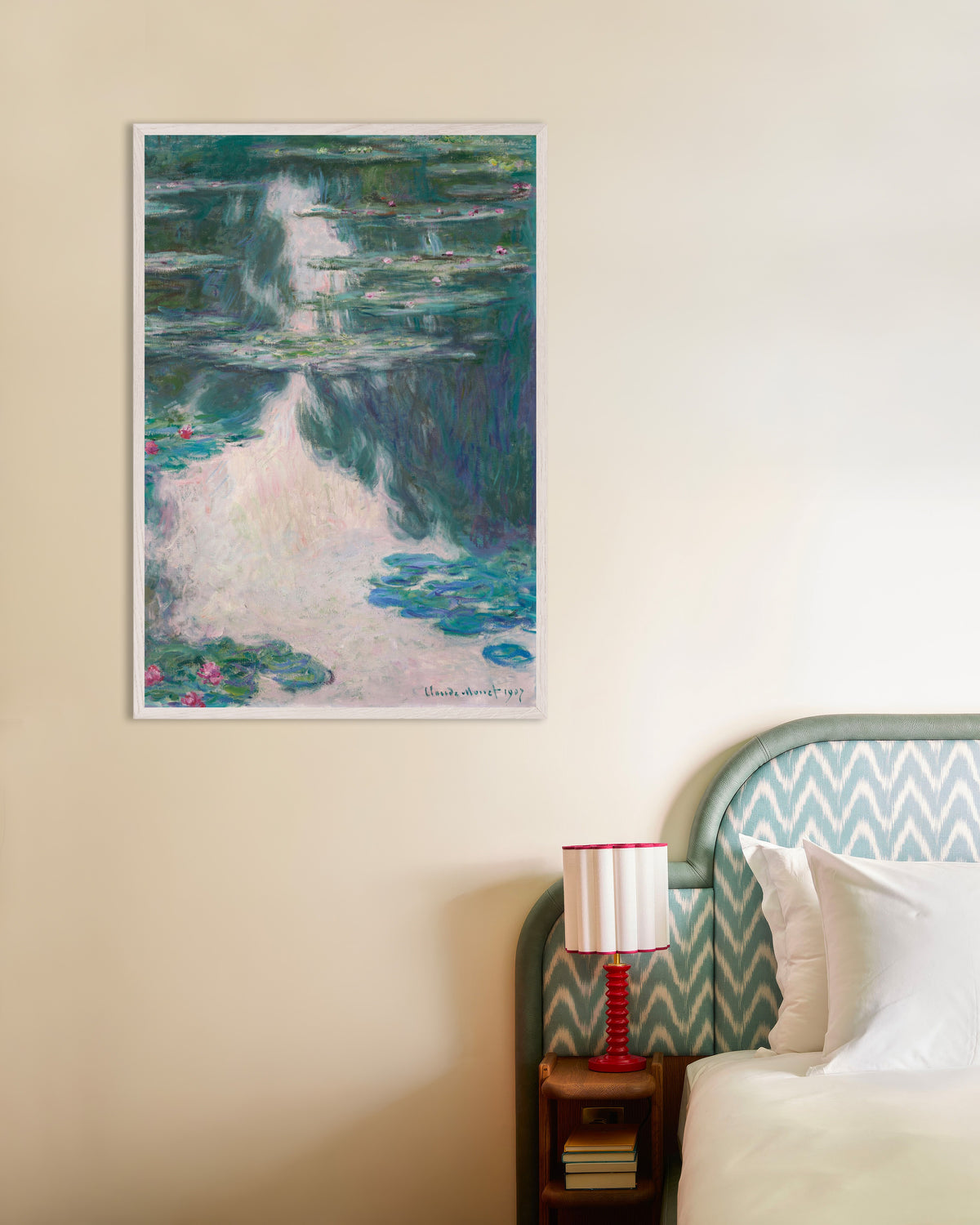 Poster Näckrosor, grått väder (1907) av Claude Monet med vit träram