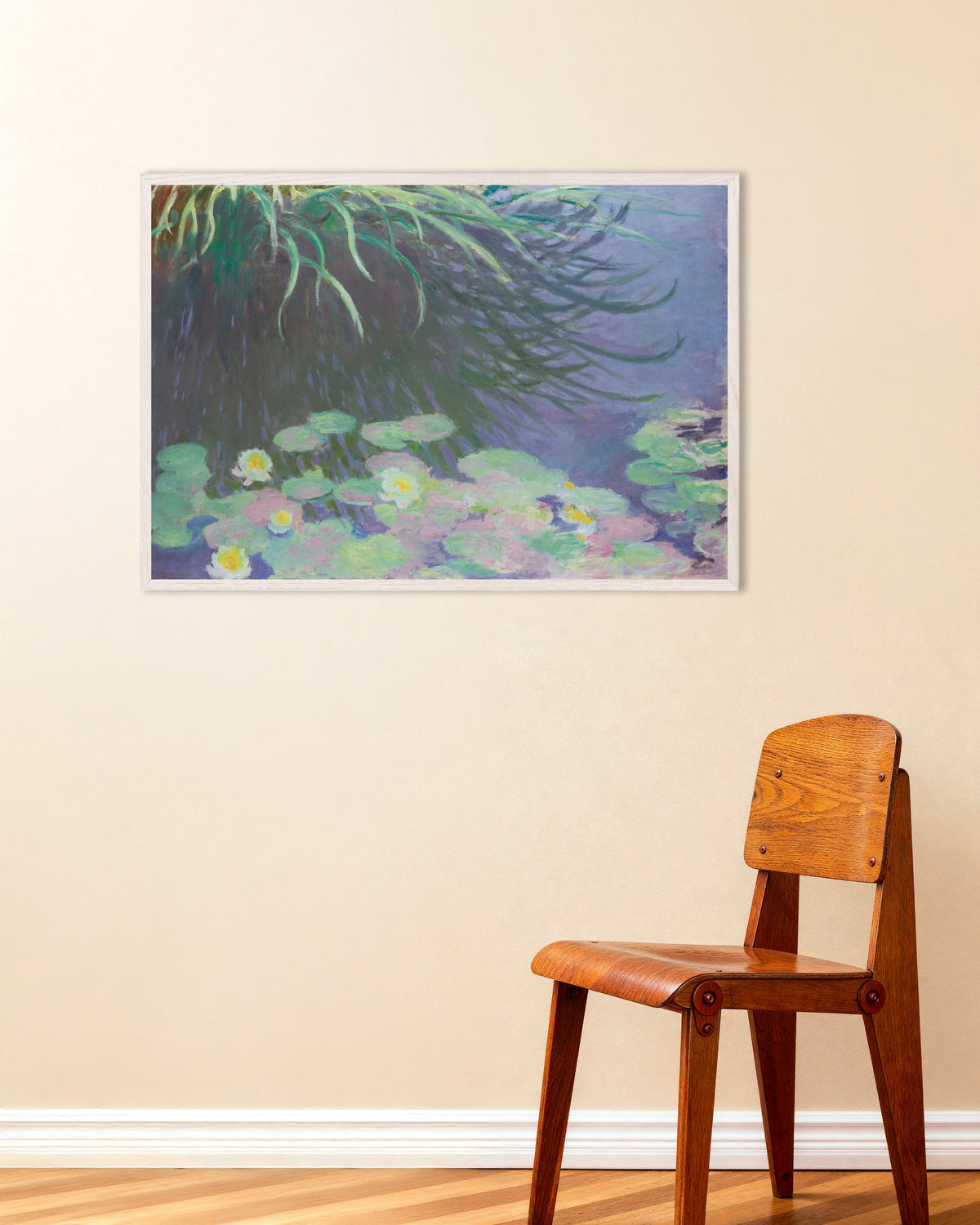Poster Näckrosor med speglingar av högt gräs (1914–1917) av Claude Monet med vit träram