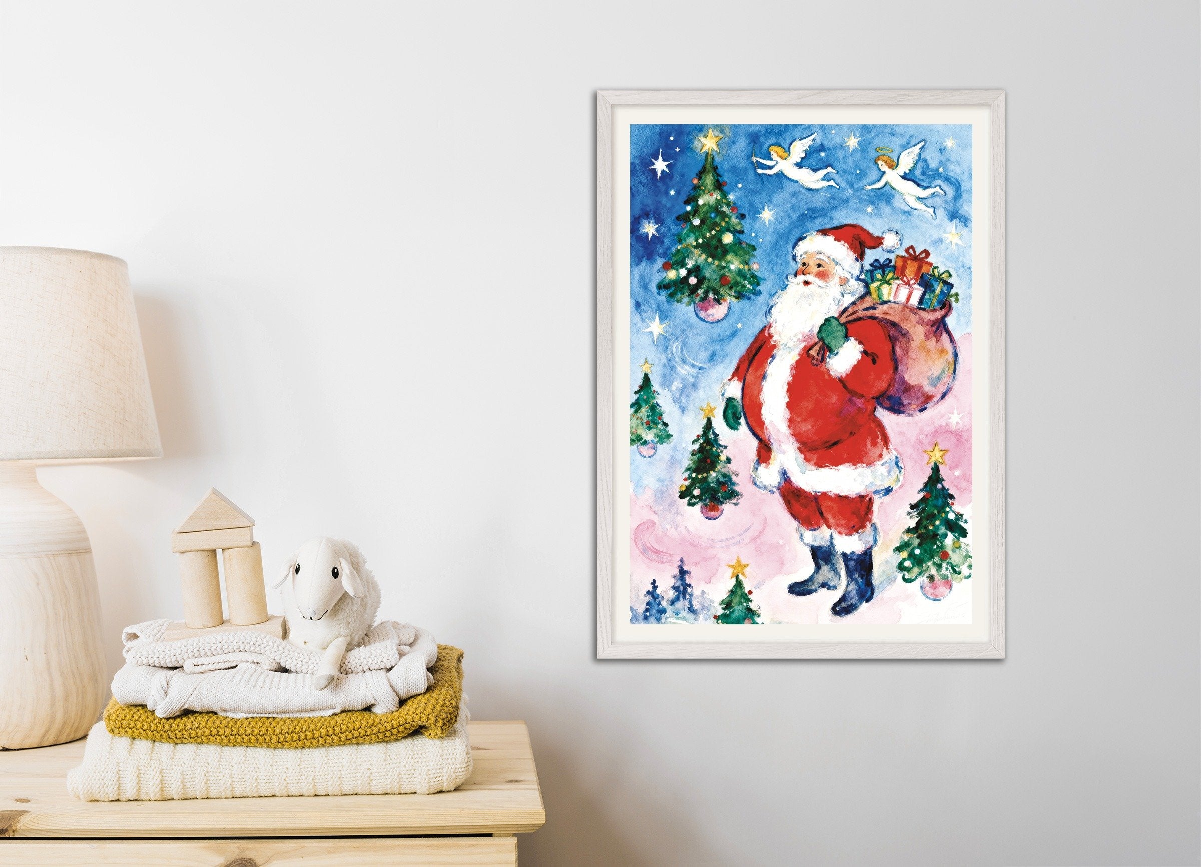 Poster of Watercolor Santa Claus poster, with white wooden frame