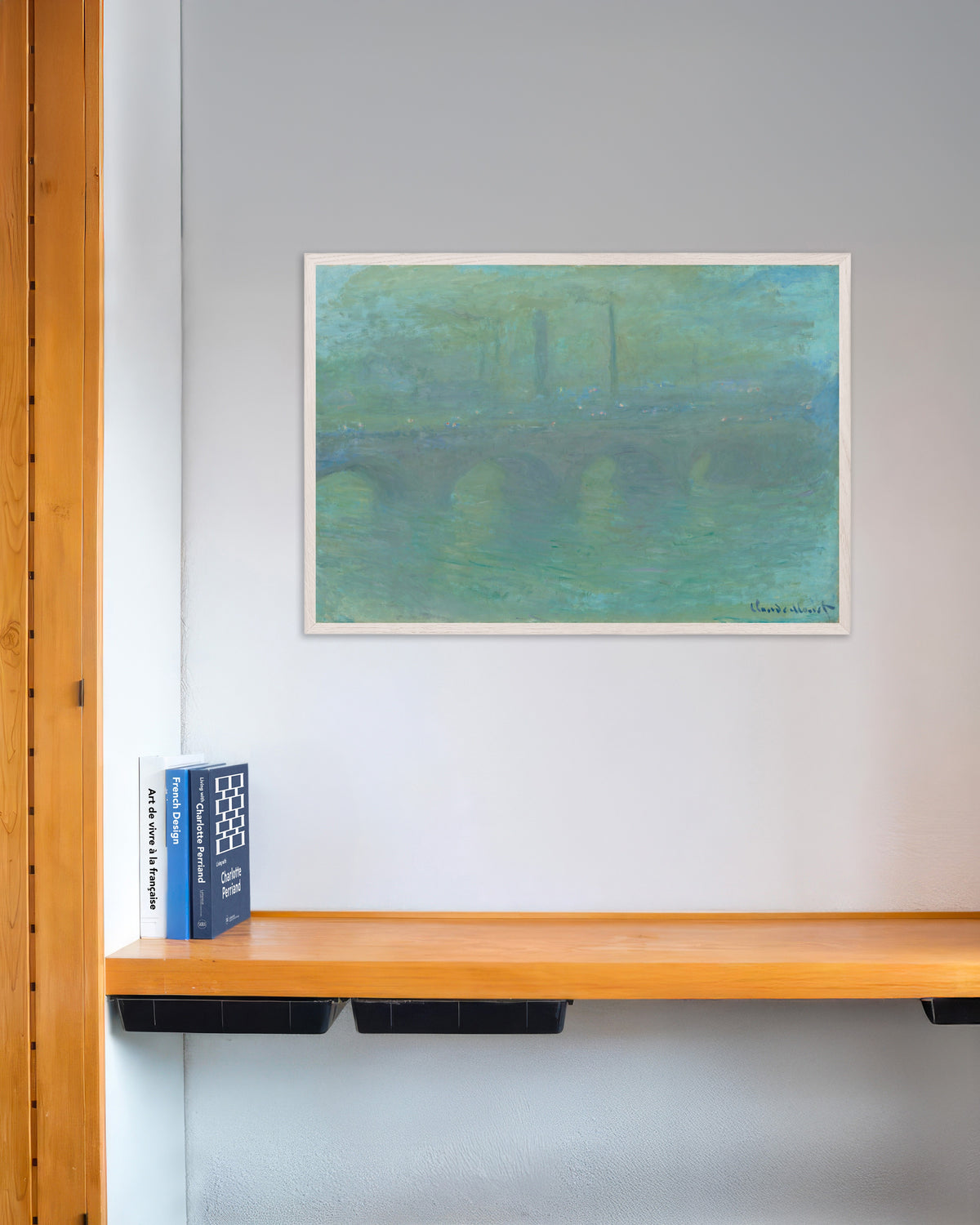Poster Waterloo Bridge, London, i skymningen (1904) av Claude Monet med vit träram