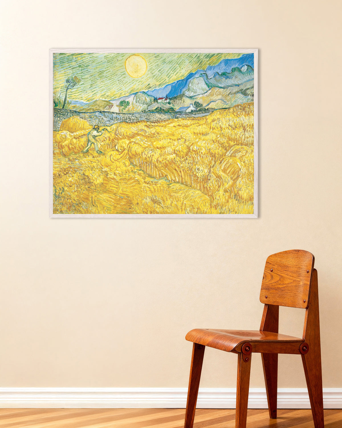 Poster av Vetefält bakom Saint-Paul-sjukhuset med en skördeman (1889) av Vincent van Gogh, med vit träram