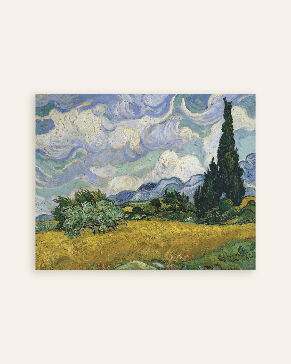 Poster av Vetefält med cypresser (1889) av Vincent van Gogh, miniatyr
