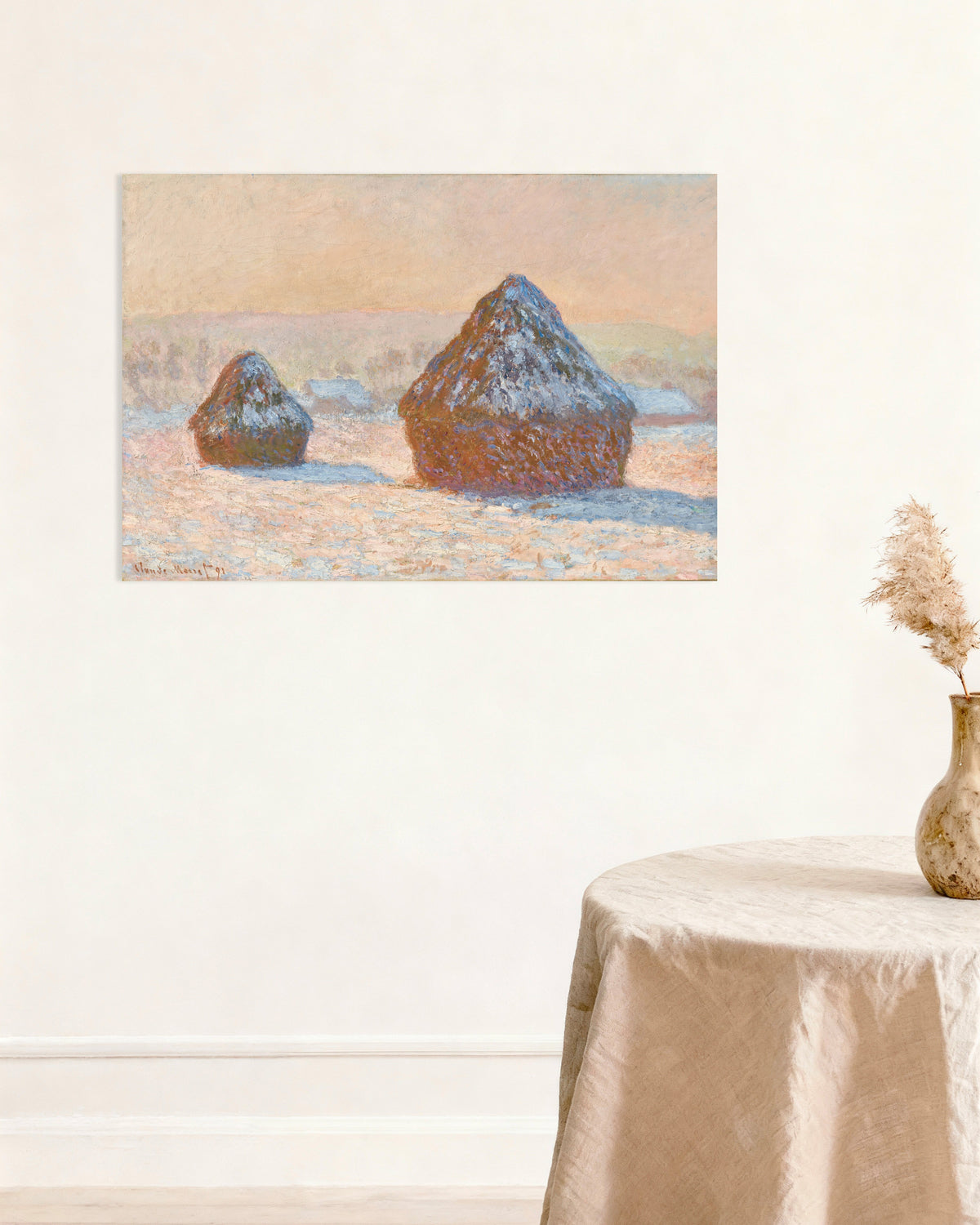 Poster Sädesstackar, snöeffekt, morgon (1891) av Claude Monet