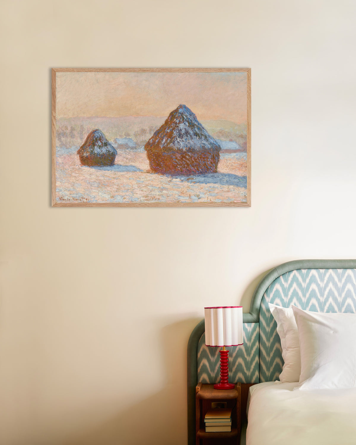 Poster Sädesstackar, snöeffekt, morgon (1891) av Claude Monet med ram i naturträ