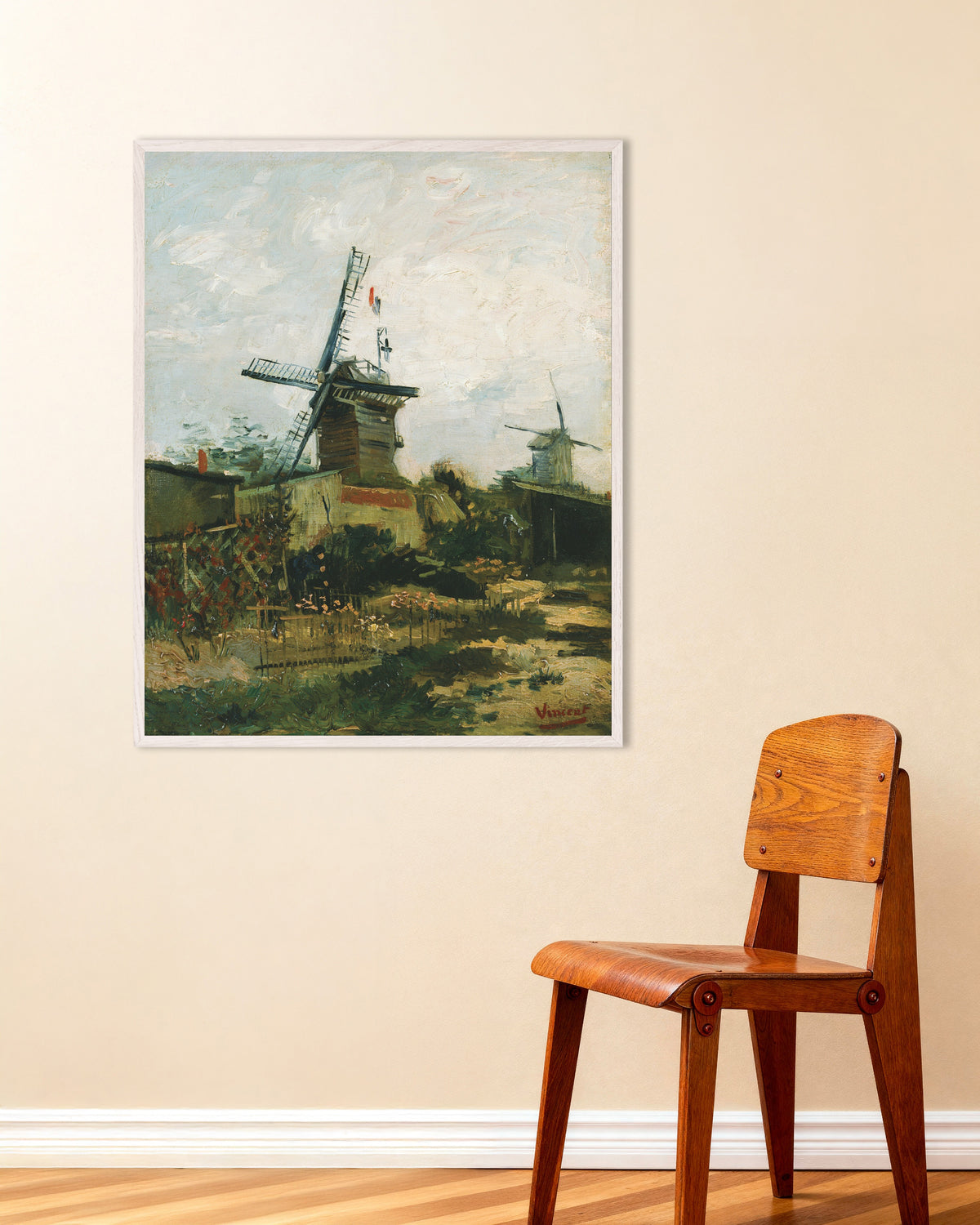 Poster med Väderkvarnar på Montmartre (1886) av Vincent van Gogh, med vit träram