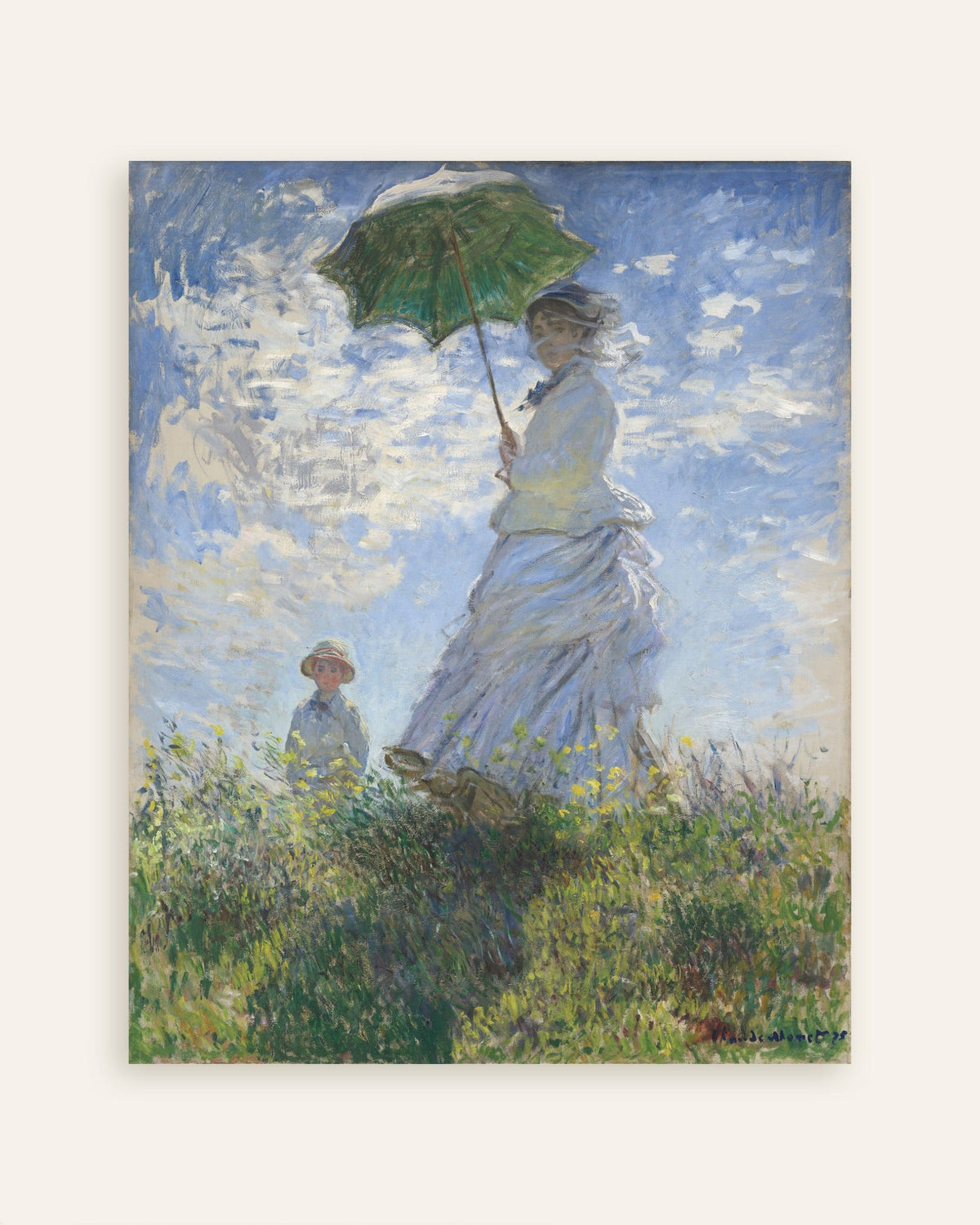 Poster Kvinna med parasoll, Madame Monet och hennes son (1875) av Claude Monet, miniatyr