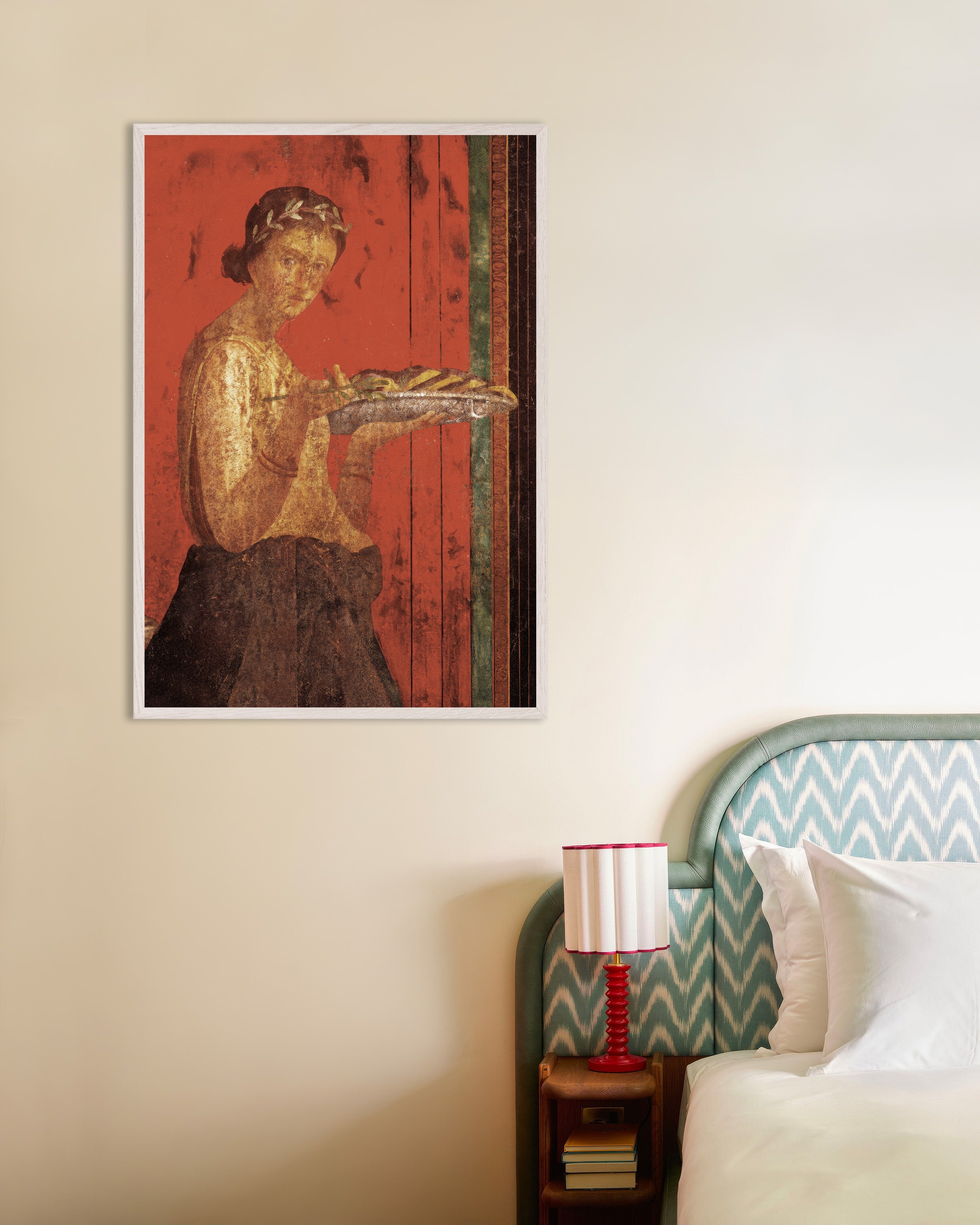 Poster of Woman with wreath fresco poster from Pompeii, with white wooden frame