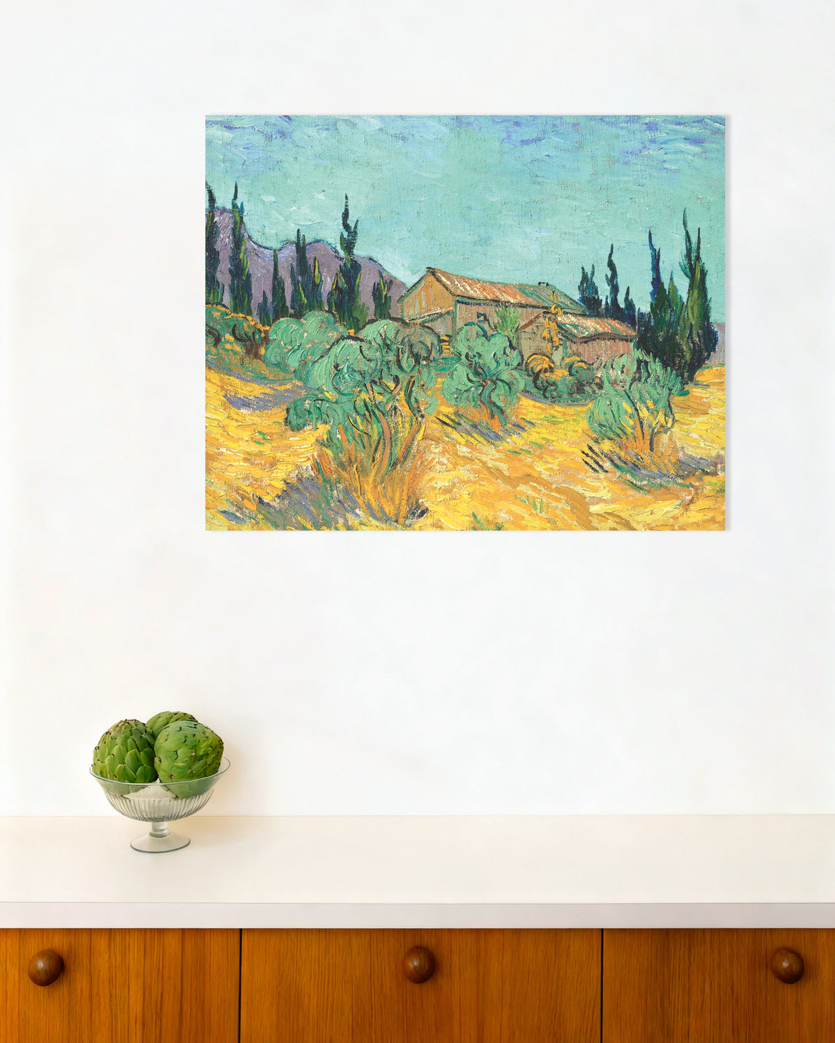 Poster med Trähus bland olivträd och cypresser (1889) av Vincent van Gogh