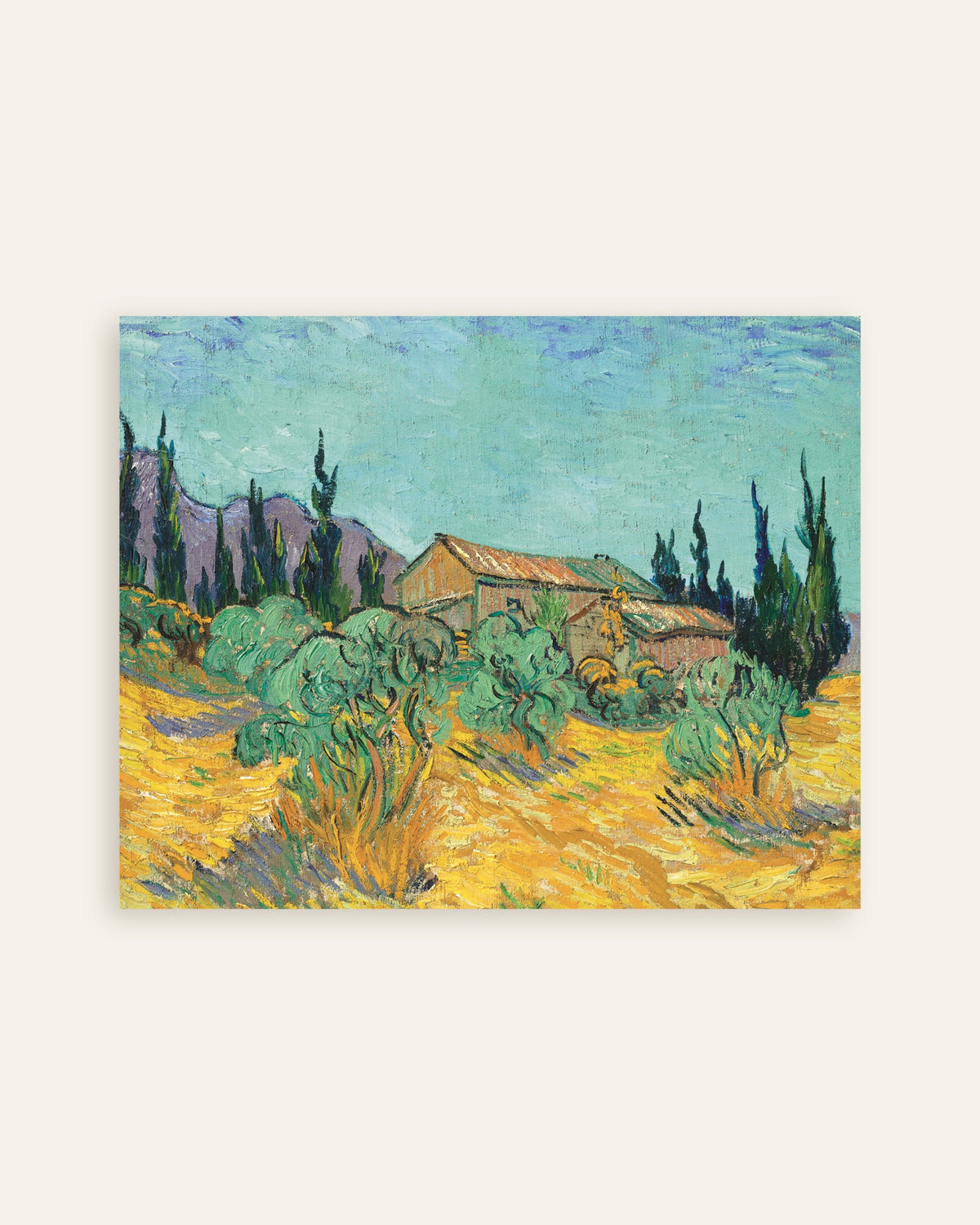Poster med Trähus bland olivträd och cypresser (1889) av Vincent van Gogh, miniatyr