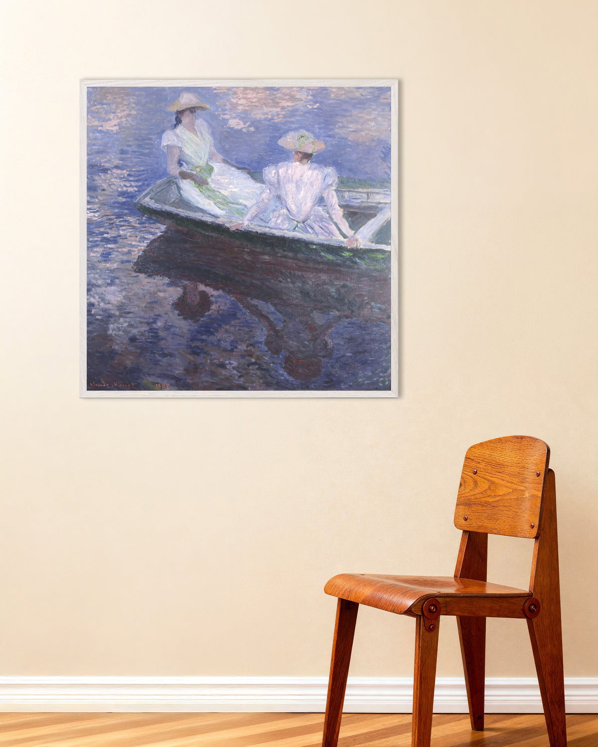 Poster Unga flickor i en båt (1887) av Claude Monet med vit träram