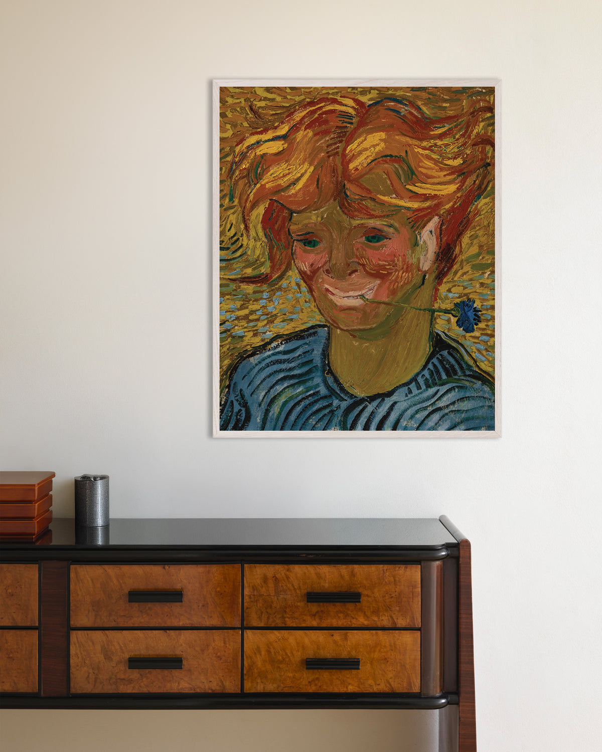 Poster med Ung man med en blåklint (1890) av Vincent van Gogh, med vit träram